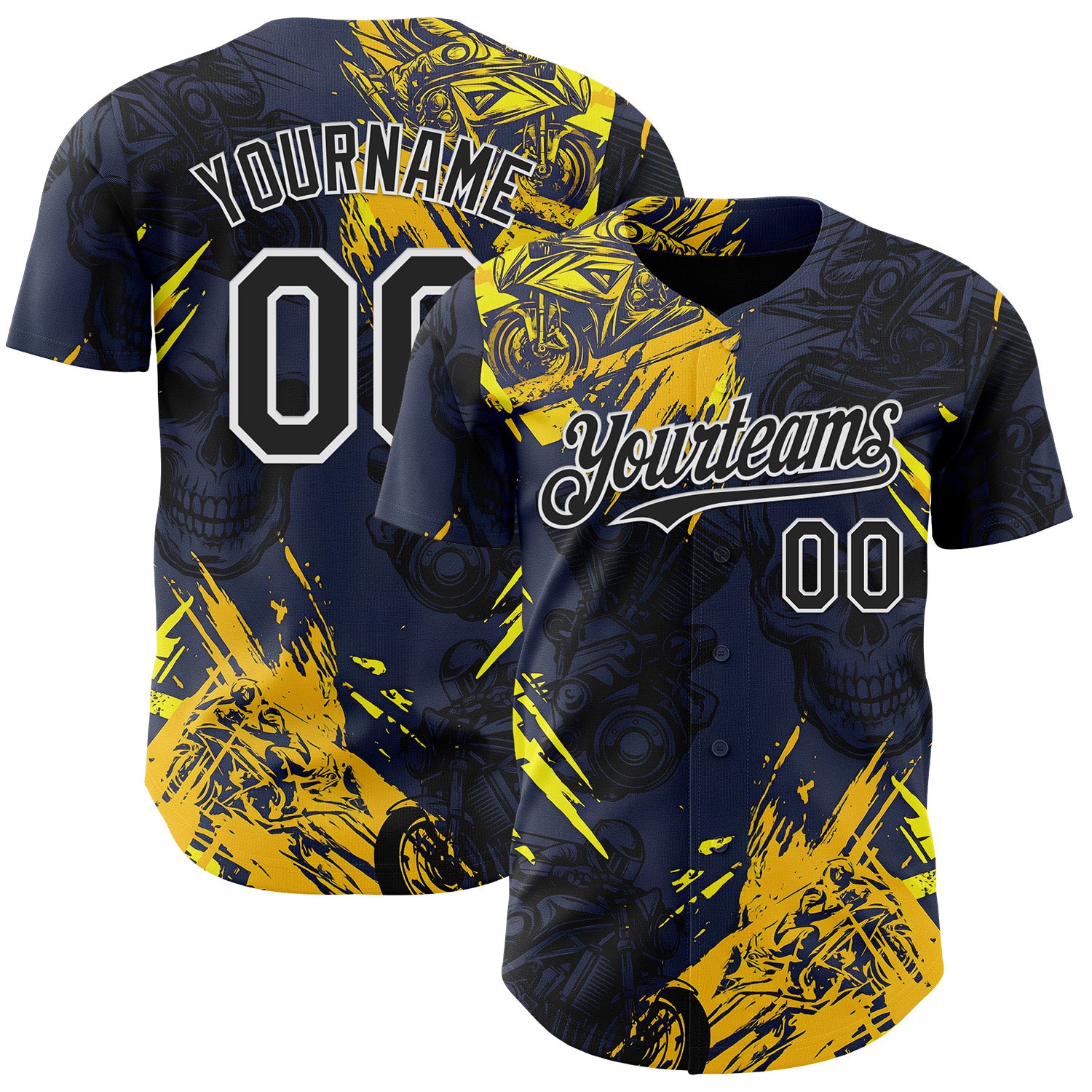 FansIdea Custom Navy Black Yellow-White 3D Pattern Design Motorcycle Motocross Skull Authentic Baseball Jersey - $29.99 at Proof Eyewear