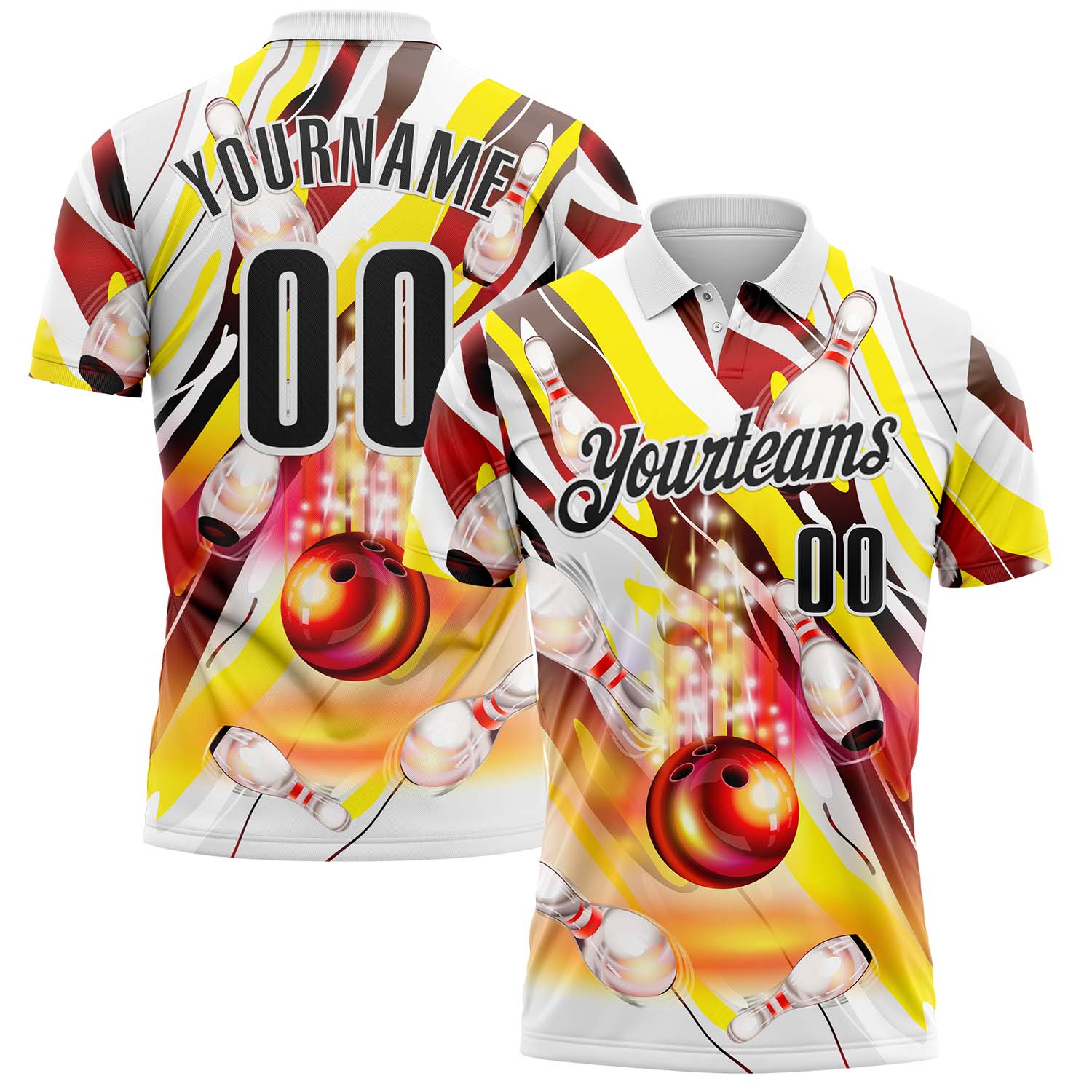 FansIdea Custom White Black-Yellow Bowling Strike Colorful Performance Polo Shirt - $19.99 at Proof Eyewear