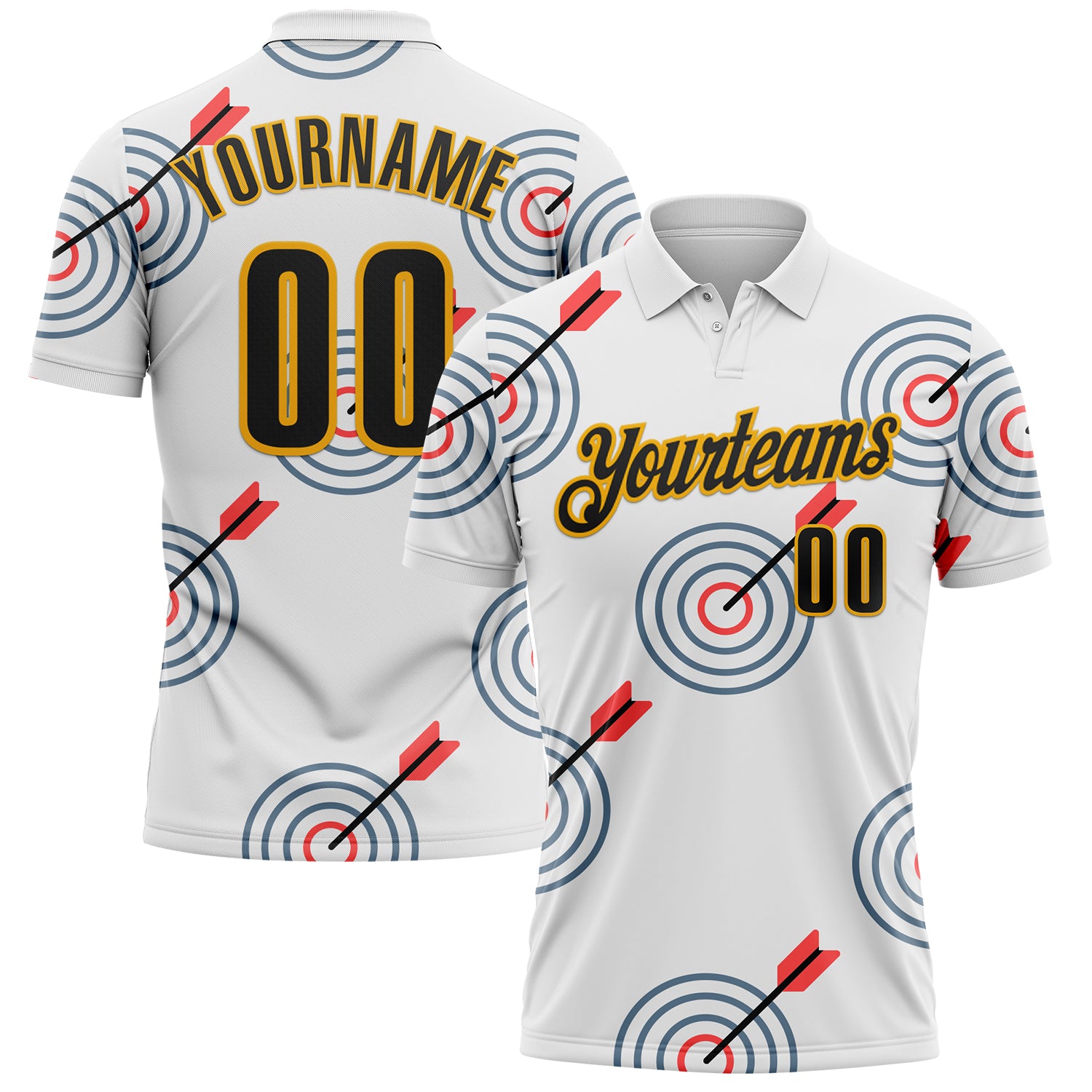 FansIdea Custom White Black-Gold Archery Target Bullseye Performance Polo Shirt - $19.99 at Proof Eyewear