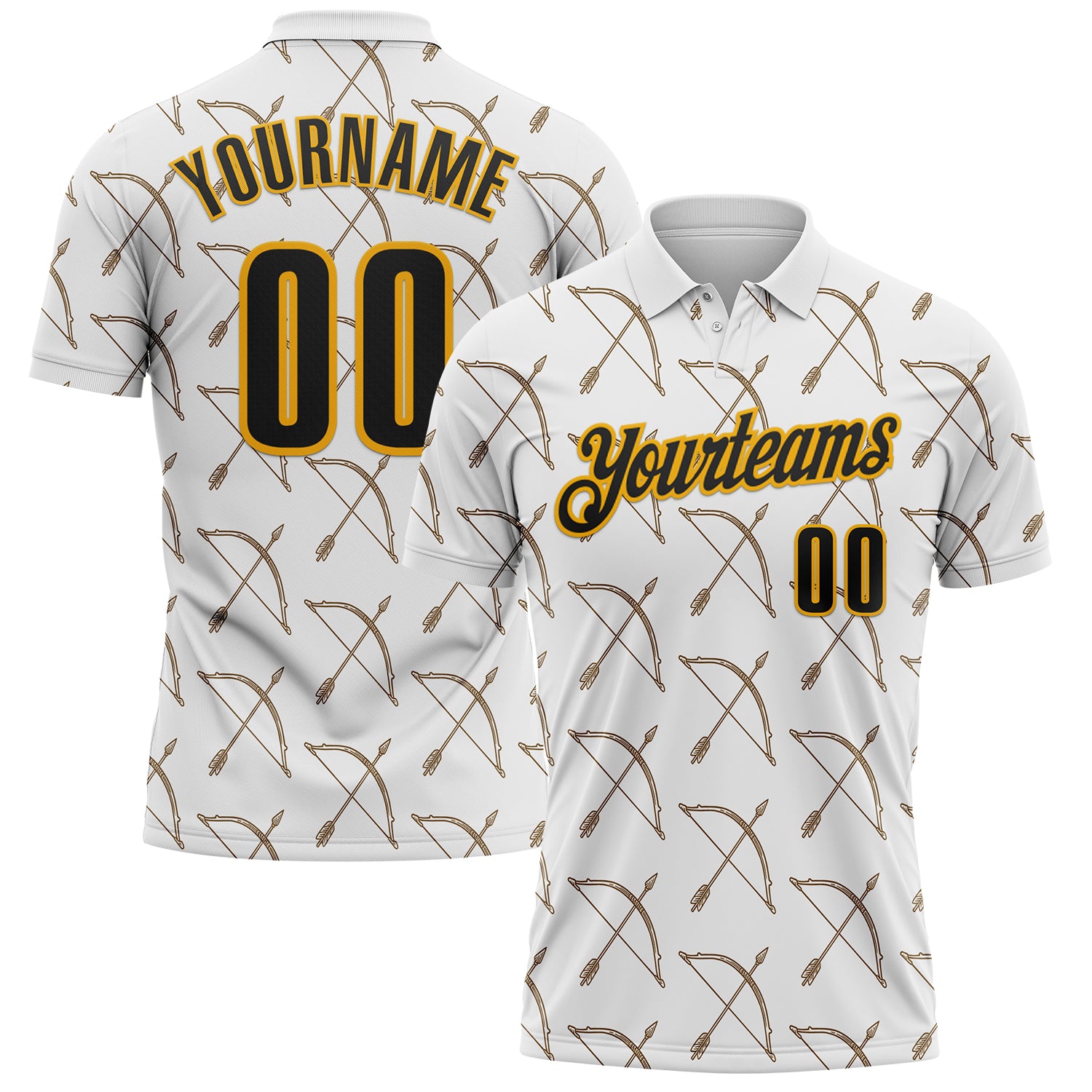 FansIdea Custom White Black-Gold Bow And Arrow Archery Performance Polo Shirt - $19.99 at Proof Eyewear