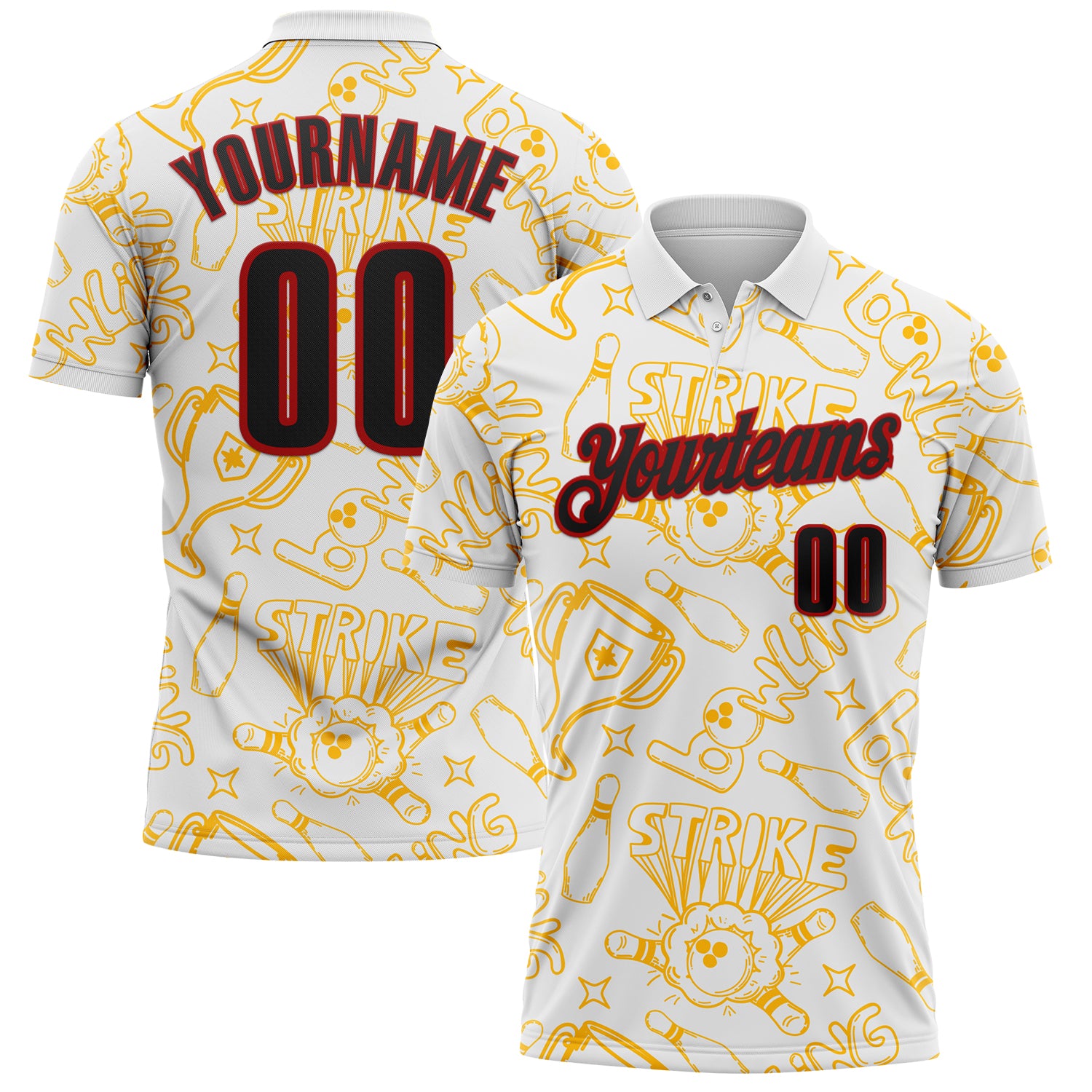 FansIdea Custom White Black Gold-Red Bowling Ball And Pins Strike Performance Polo Shirt - $19.99 at Proof Eyewear