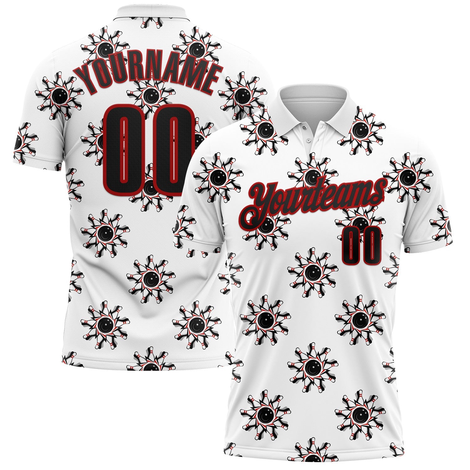 FansIdea Custom White Black-Red Bowling Ball And Pins Strike Performance Polo Shirt - $19.99 at Proof Eyewear