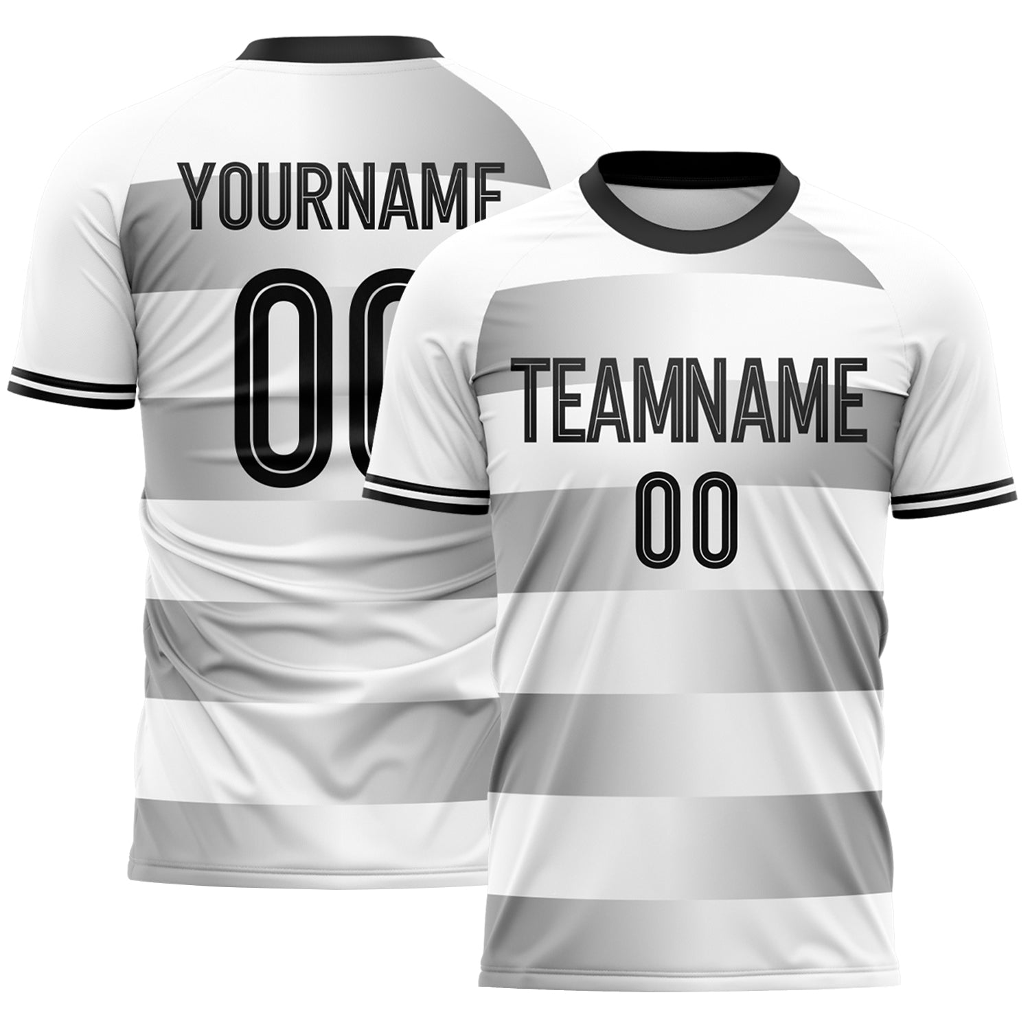 FansIdea Custom White-Black Gradient Horizontal Stripes Sublimation Soccer Uniform Jersey - $16.99 at Proof Eyewear