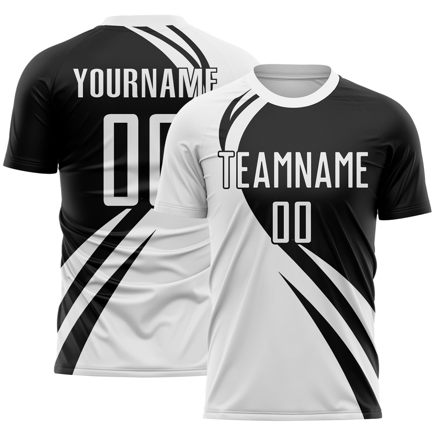 FansIdea Custom White Black Diagonal Streamline Color Block Swirl Curve Lines Sublimation Soccer Uniform Jersey - $16.99 at Proof Eyewear