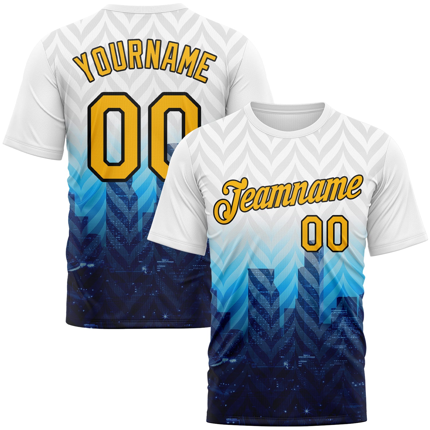 FansIdea Custom White Gold Sky Blue Navy-Black City Skyline Streetwear Performance T-Shirt - $14.99 at Proof Eyewear