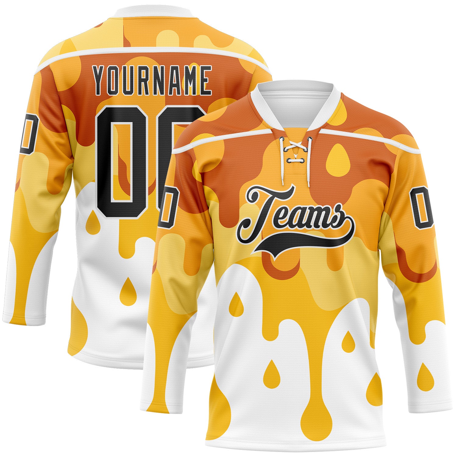 FansIdea Custom Yellow Black-White Melting Foodie Cheese Lace Neck Hockey Jersey - $29.99 at Proof Eyewear