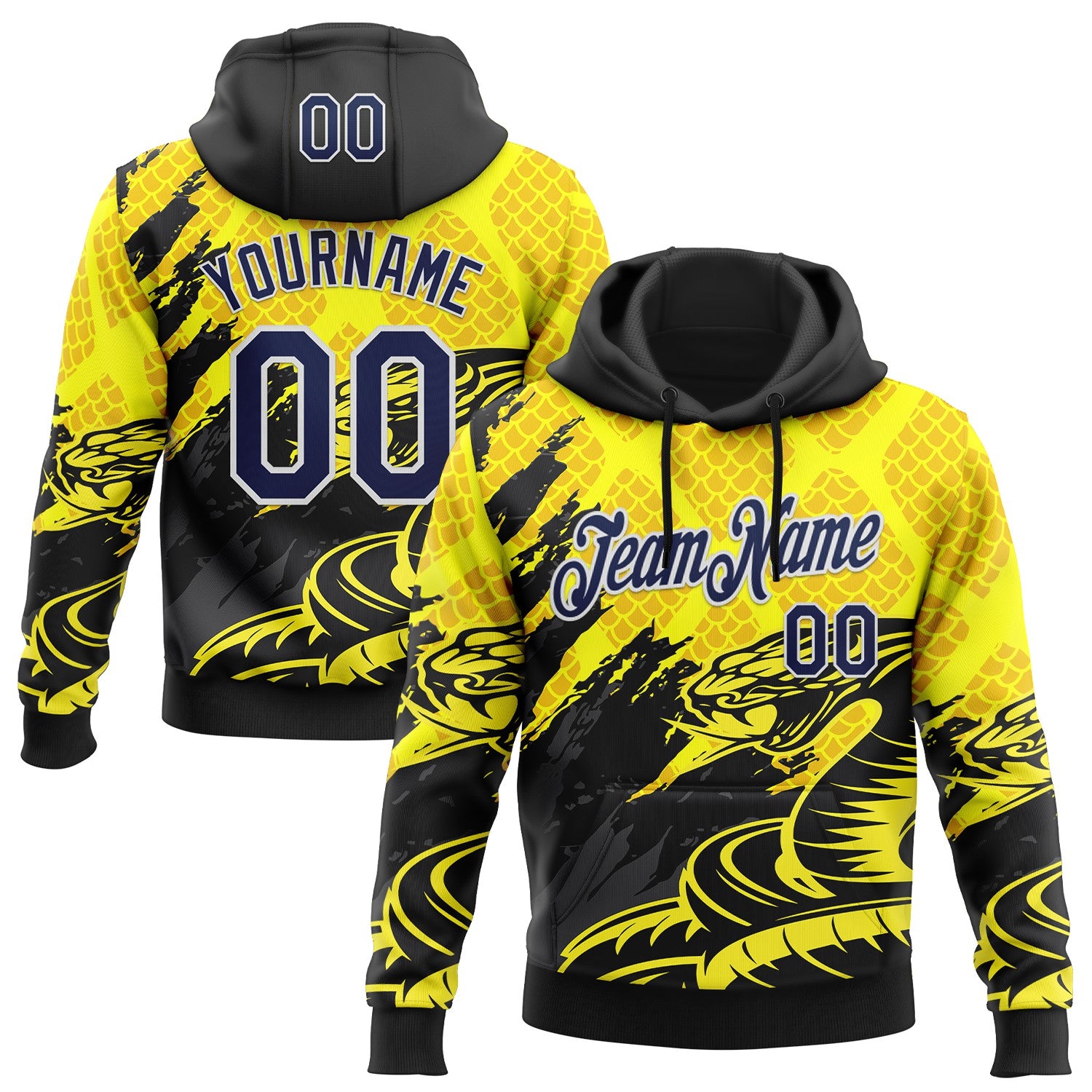 FansIdea Custom Stitched Yellow Navy Black-White 3D Pattern Design Snake Skin Print Sportswear Pullover Sweatshirt Hoodie - $32.99 at Proof Eyewear