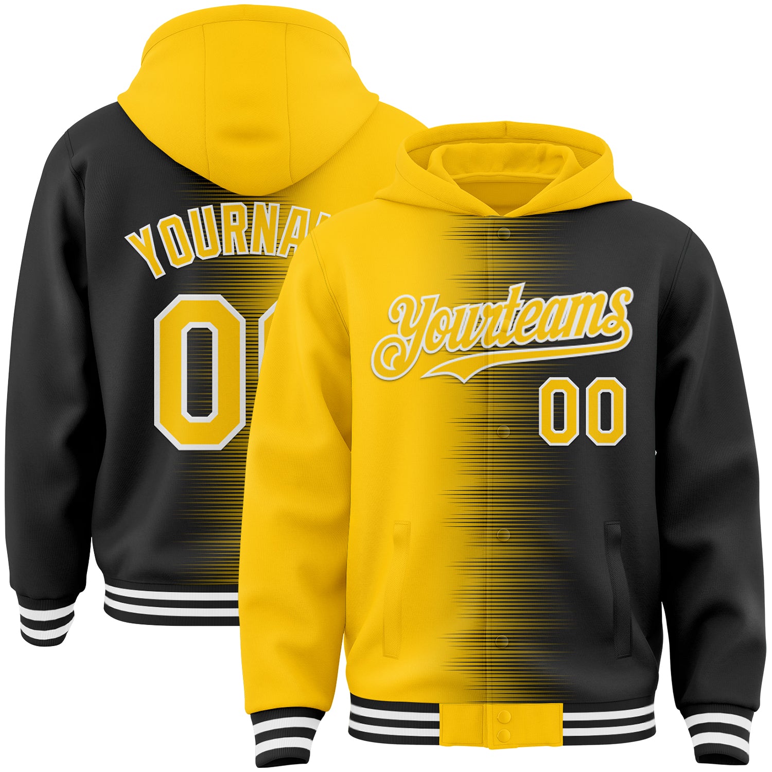 FansIdea Custom Yellow Black-White Gradient Line Bomber Full-Snap Varsity Letterman Hoodie Jacket - $38.99 at Proof Eyewear