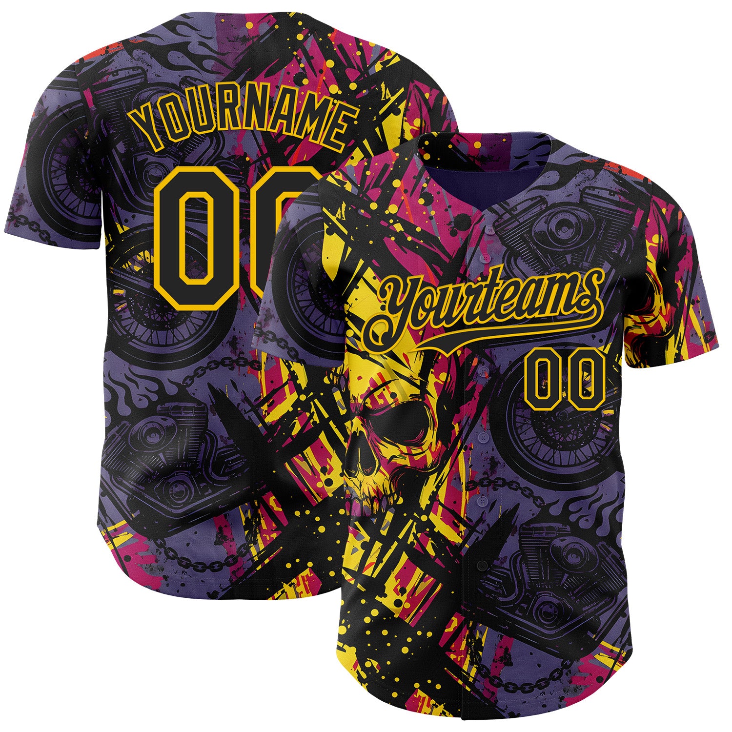 FansIdea Custom Purple Black Deep Pink-Yellow 3D Pattern Design Motorcycle Motocross Skull Authentic Baseball Jersey - $29.99 at Proof Eyewear