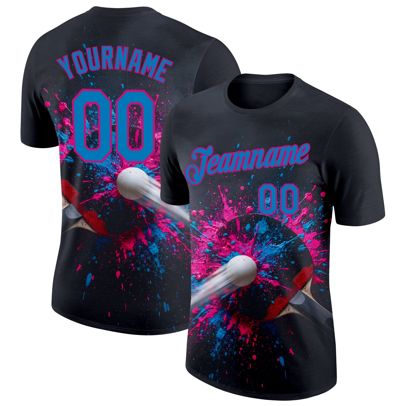 FansIdea Custom Black Blue-Pink Table Tennis Splash Ink Performance T-Shirt - $14.99 at Proof Eyewear