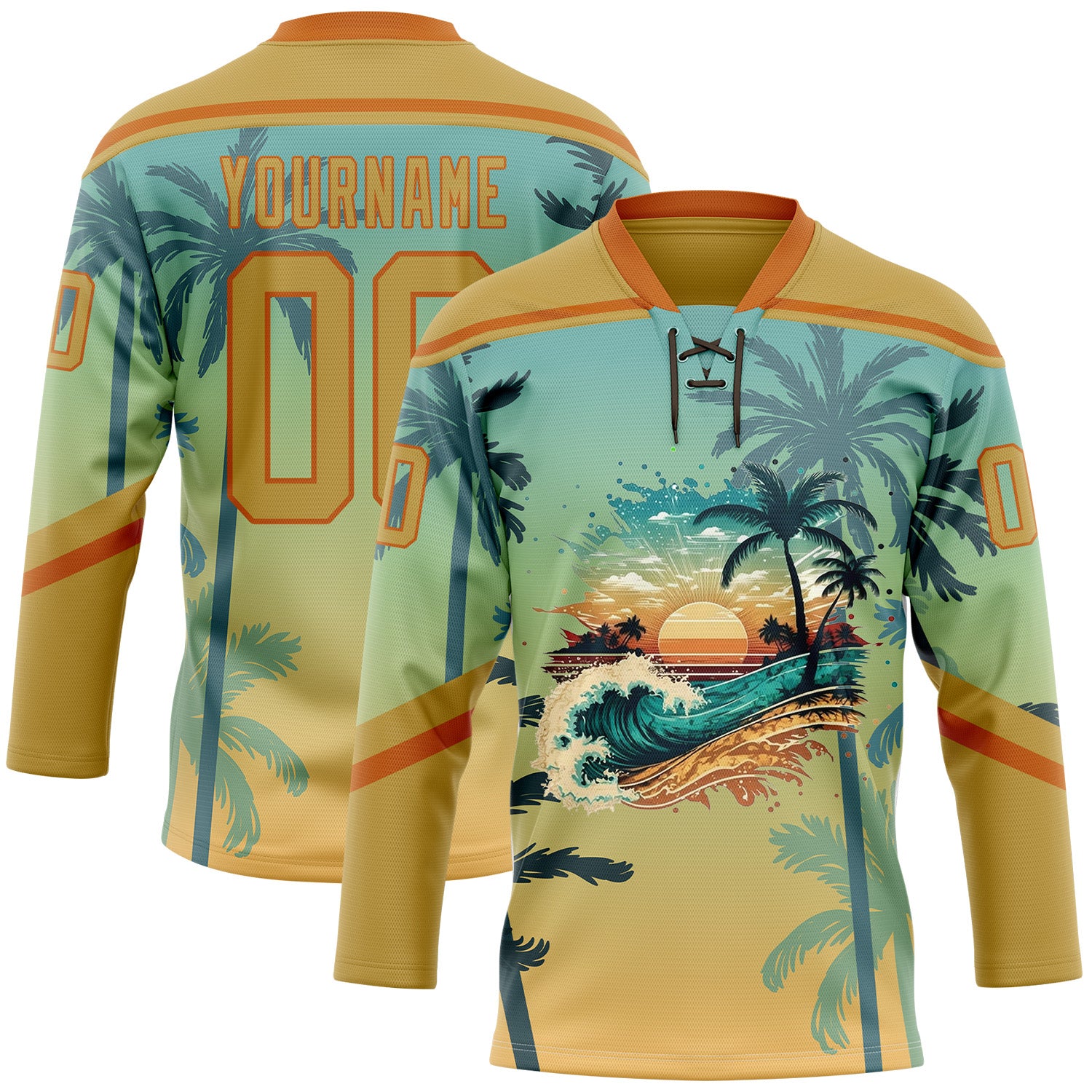 FansIdea Custom Old Gold Blue-Texas Orange Gradient Hawaii Tropical Palm Trees Hockey Lace Neck Jersey - $29.99 at Proof Eyewear