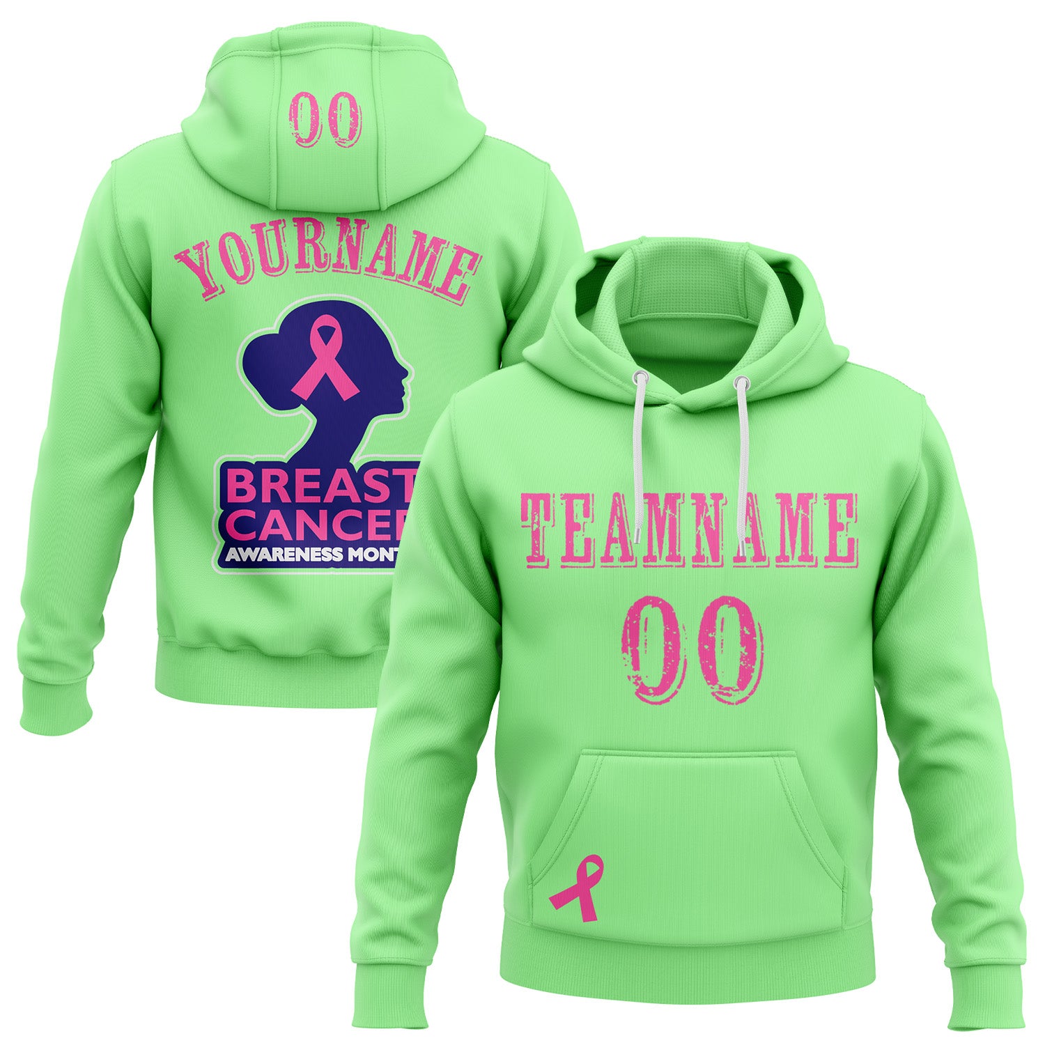 FansIdea Custom Pea Green Pink Blue-White 3D Pink Ribbon Breast Cancer Awareness Women Health Care Support Sports Pullover Sweatshirt Hoodie - $32.99 at Proof Eyewear