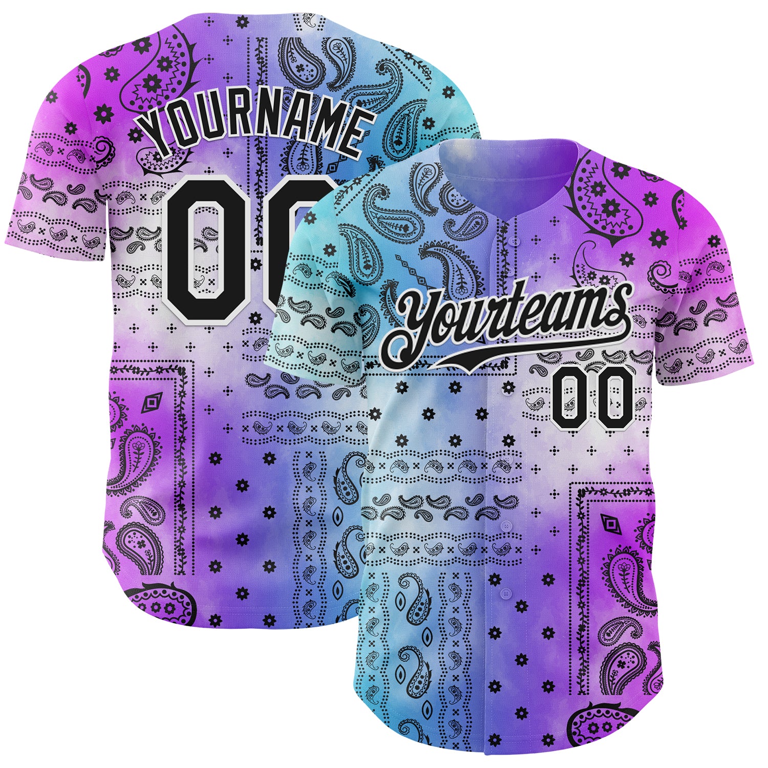 FansIdea Custom Purple Black Blue-White Gradient Rave Party Ethnic Paisley Bandana Authentic Baseball Jersey - $29.99 at Proof Eyewear