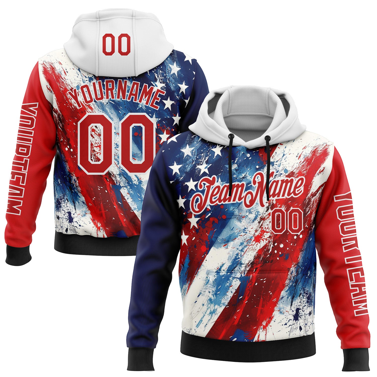 FansIdea Custom Red Blue Black-White 3D American Flag Sports Pullover Sweatshirt Hoodie - $32.99 at Proof Eyewear
