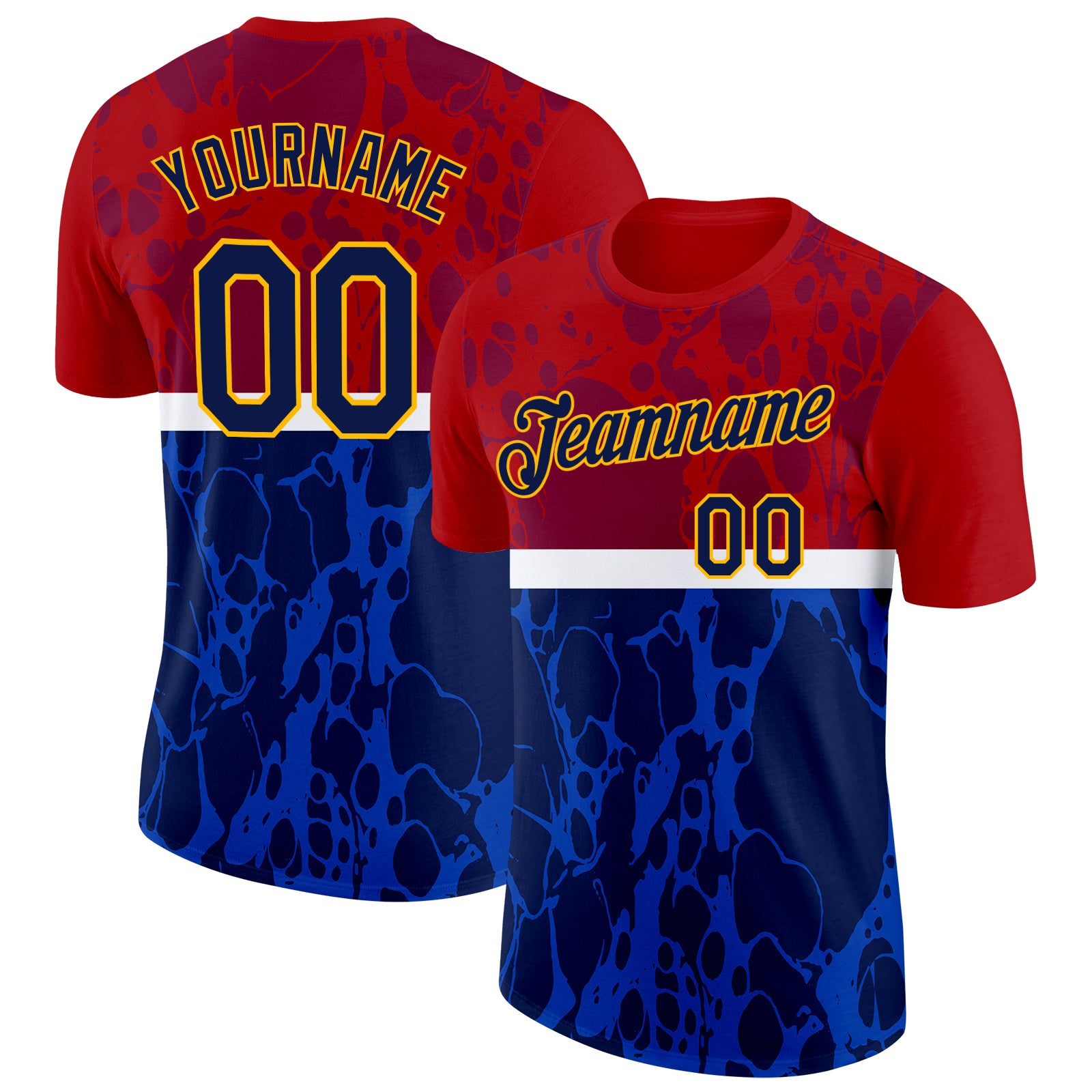 FansIdea Custom Red Navy Blue Black Gold-White Netherlands Splash Soccer Jersey Performance T-Shirt - $14.99 at Proof Eyewear
