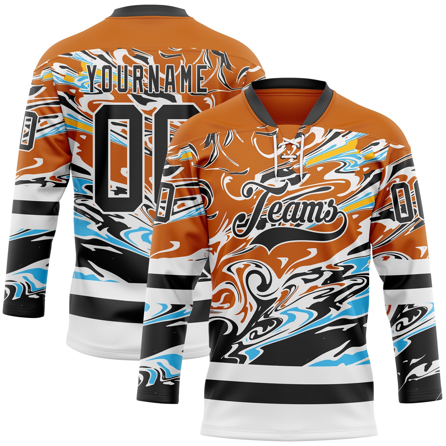 FansIdea Custom Texas Orange Black Blue Yellow-White Abstract Splatter Paint Hockey Lace Neck Jersey - $29.99 at Proof Eyewear