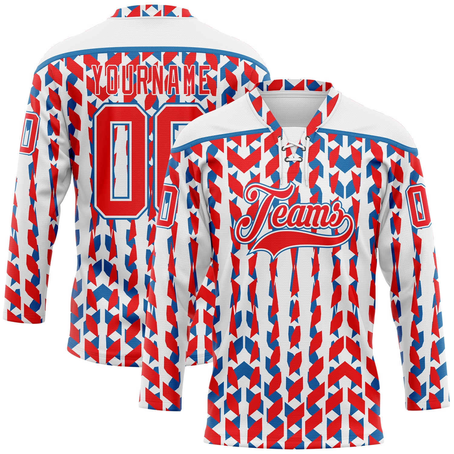 FansIdea Custom White Fire Red-Blue American Flag Hockey Lace Neck Jersey - $29.99 at Proof Eyewear