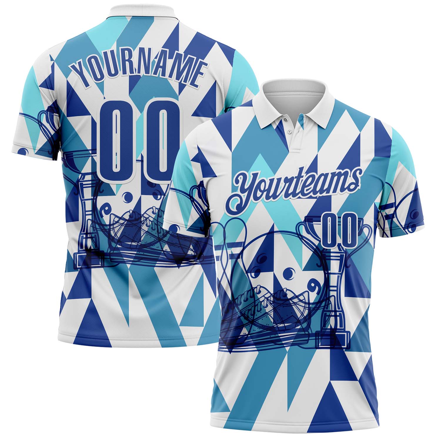 FansIdea Custom White-Blue Bowling Geometric Performance Polo Shirt - $19.99 at Proof Eyewear