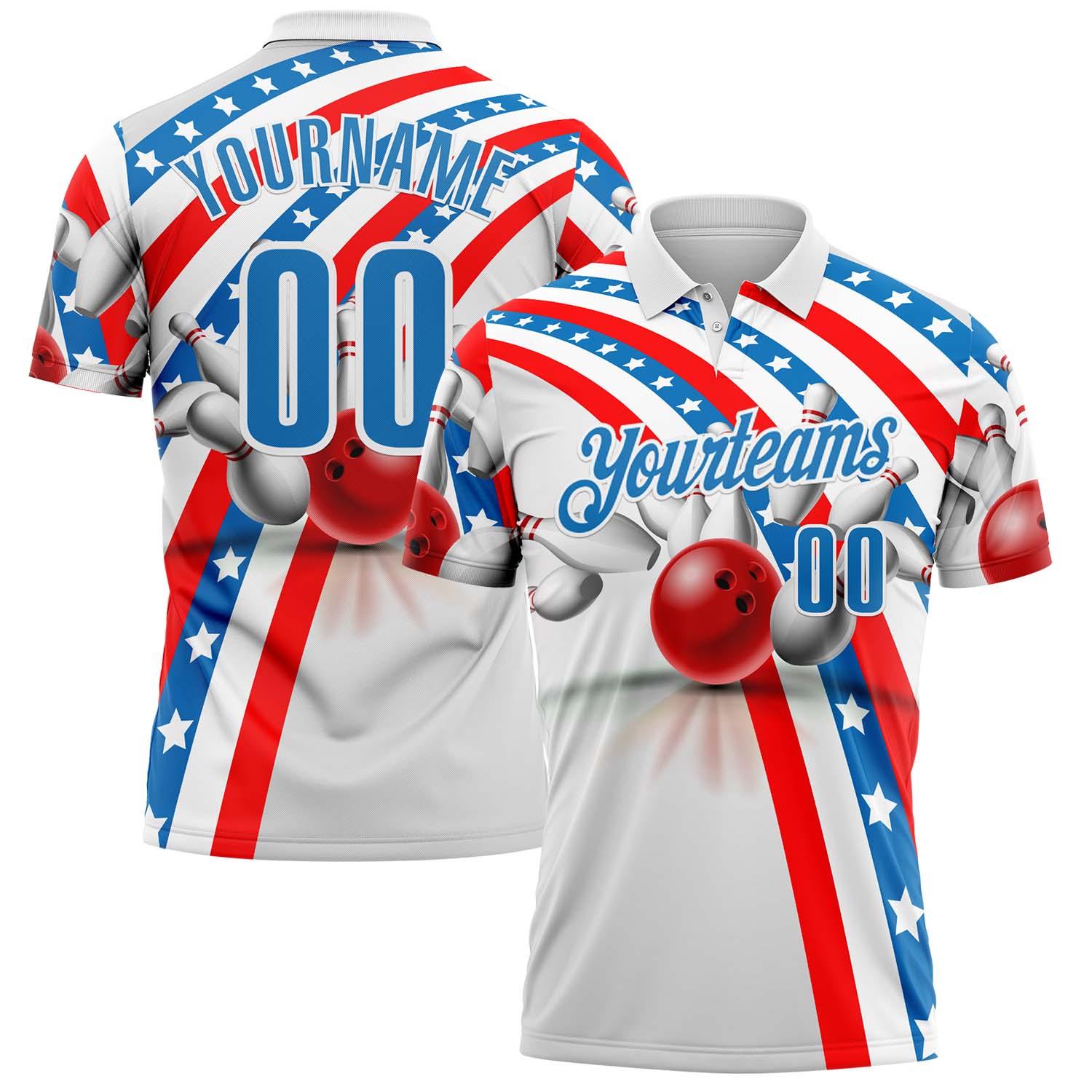 FansIdea Custom White Blue-Red Bowling Strike American Flag Performance Polo Shirt - $19.99 at Proof Eyewear
