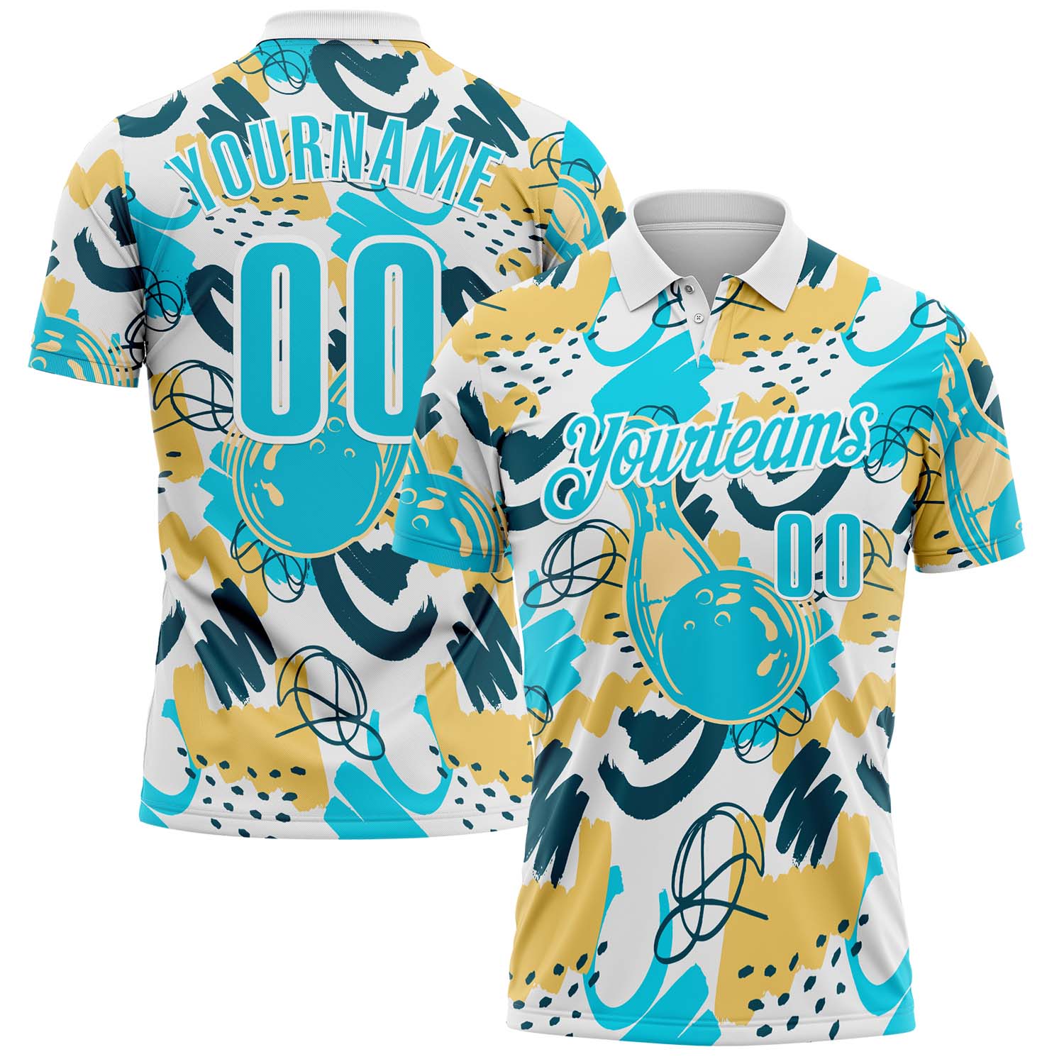 FansIdea Custom White Blue-Yellow Bowling Abstract Painting Performance Polo Shirt - $19.99 at Proof Eyewear