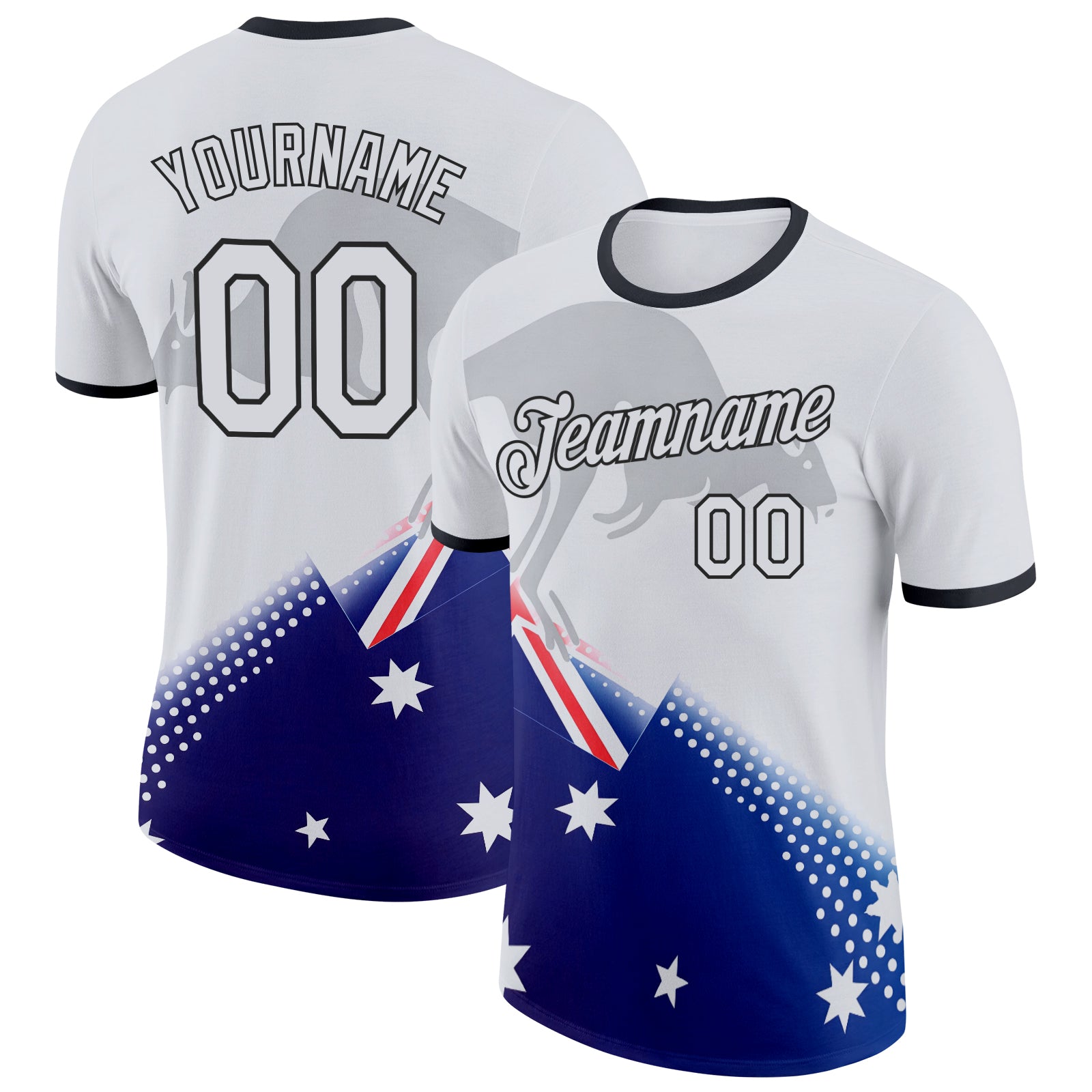 FansIdea Custom White Blue Black-Red Australian Flag Kangaroo Soccer Jersey Performance T-Shirt - $14.99 at Proof Eyewear