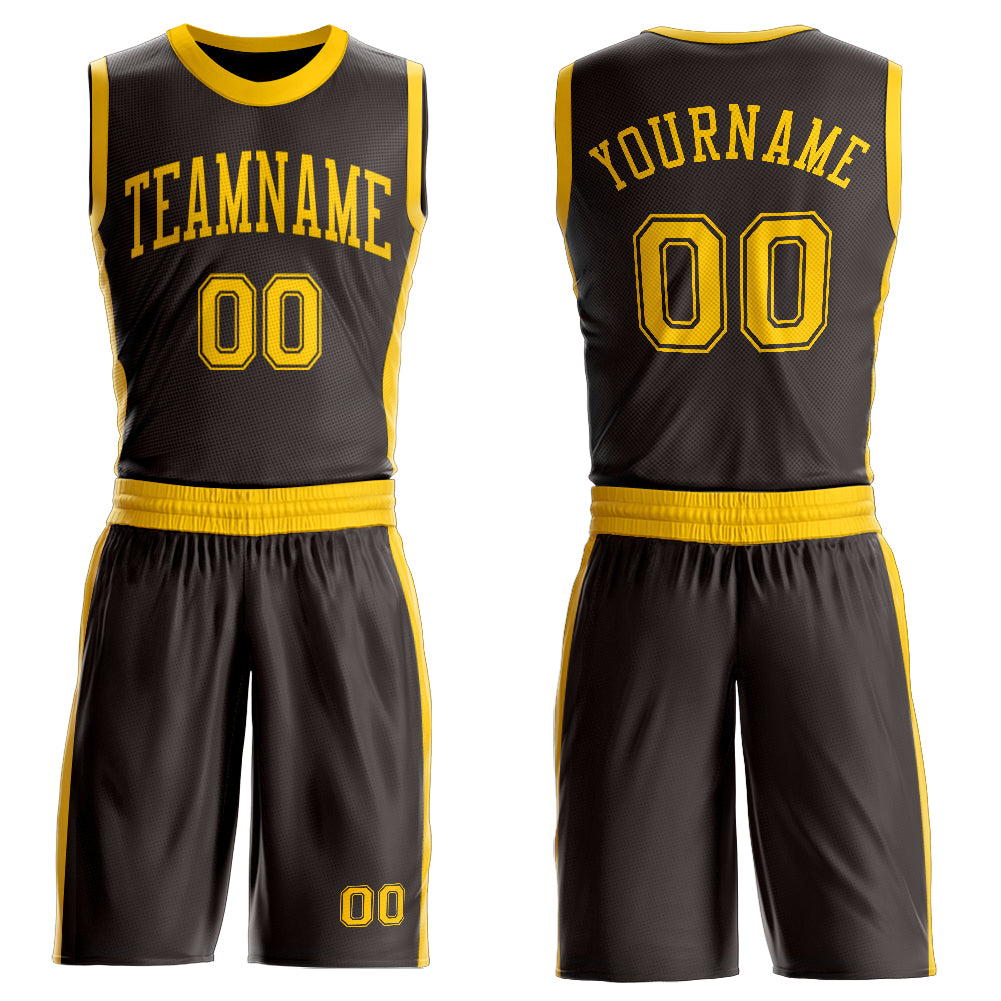 FansIdea Custom Brown Gold Round Neck Basketball Uniform Jersey - $24.99 at Proof Eyewear