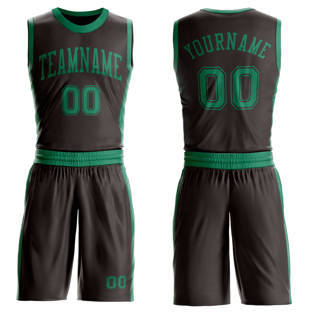 FansIdea Custom Brown Kelly Green Round Neck Basketball Uniform Jersey - $24.99 at Proof Eyewear