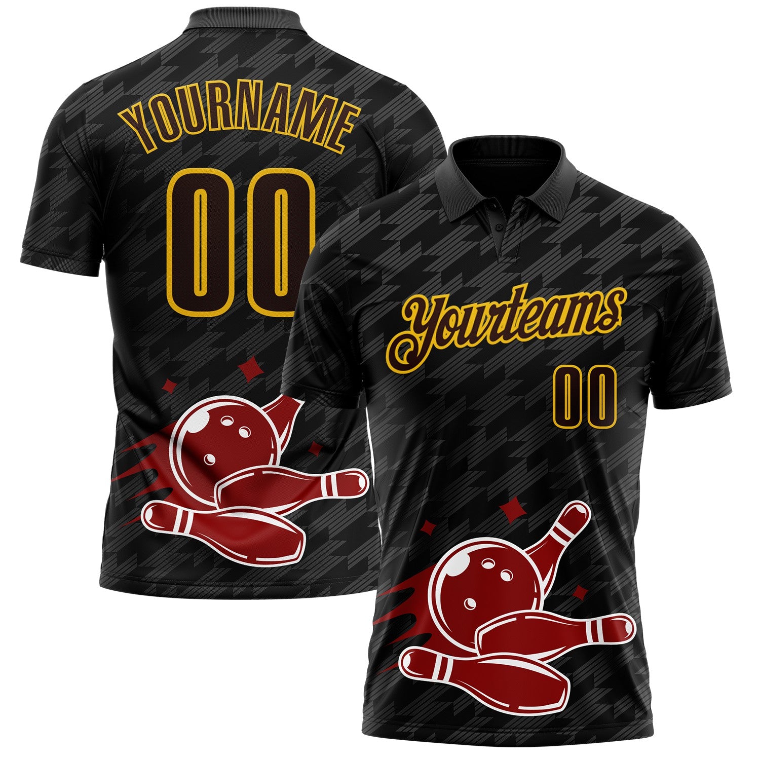 FansIdea Custom Black Brown-Yellow Bowling Ball And Pins Strike Performance Polo Shirt - $19.99 at Proof Eyewear