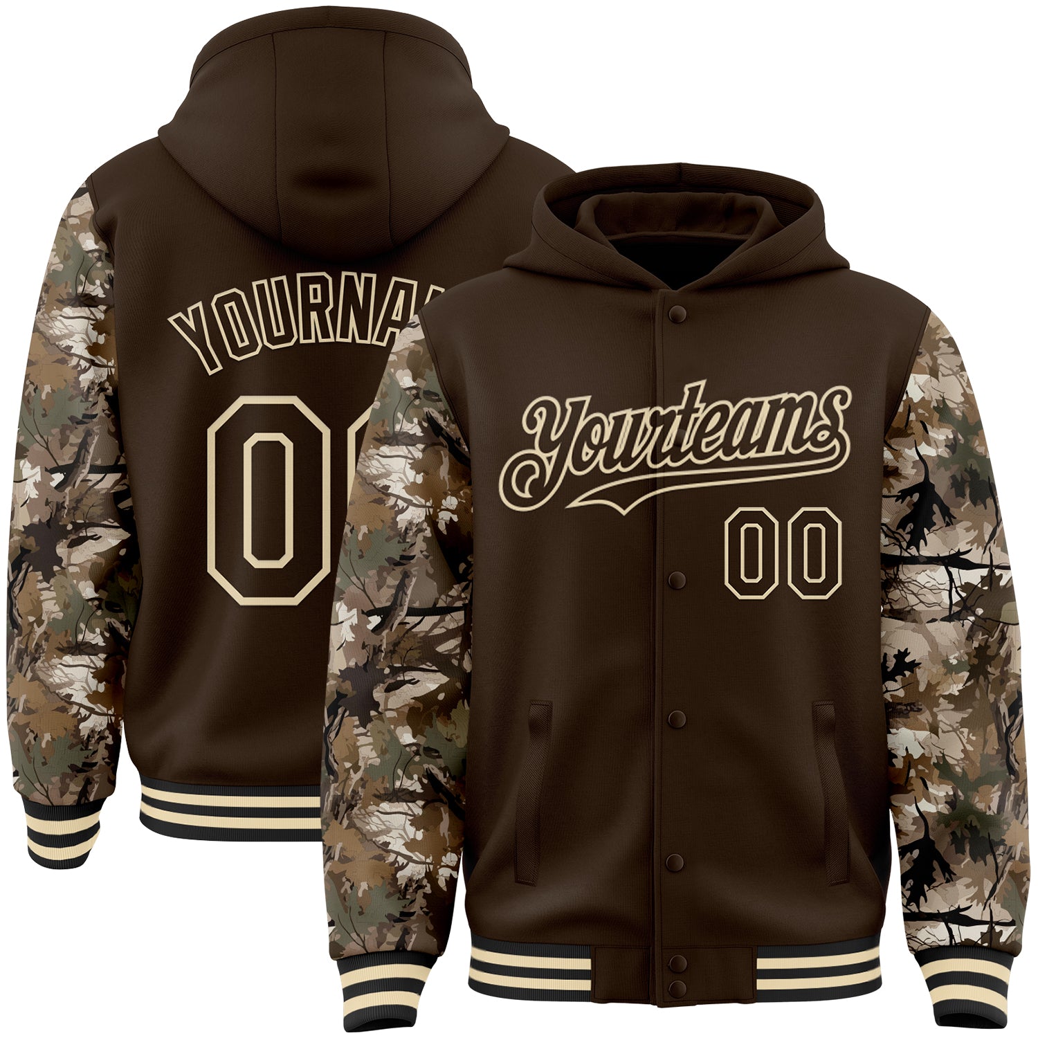 FansIdea Custom Brown-Cream Woodland Camo Two Tone Bomber Full-Snap Varsity Letterman Hoodie Jacket - $38.99 at Proof Eyewear