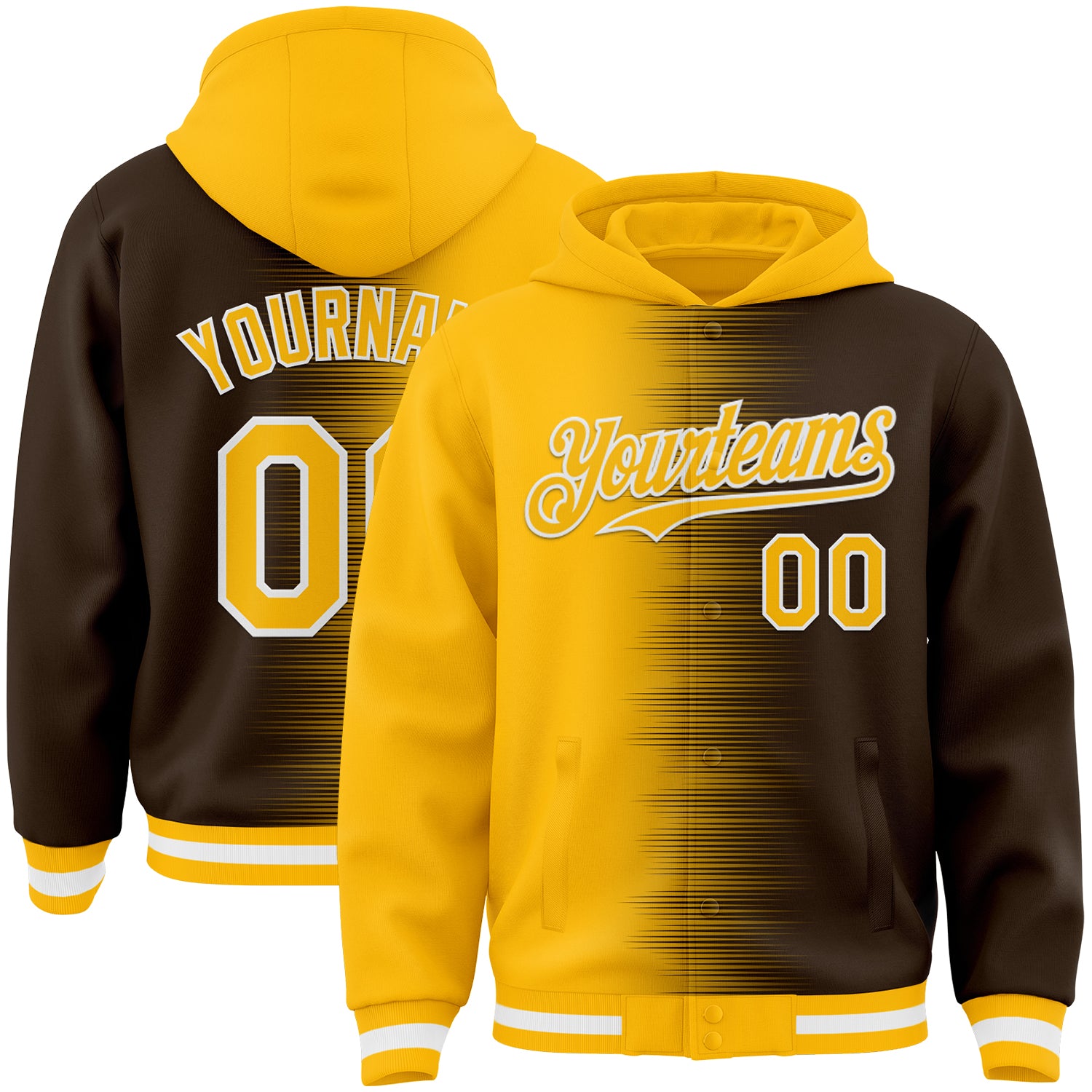 FansIdea Custom Gold Brown-White Gradient Line Bomber Full-Snap Varsity Letterman Hoodie Jacket - $38.99 at Proof Eyewear