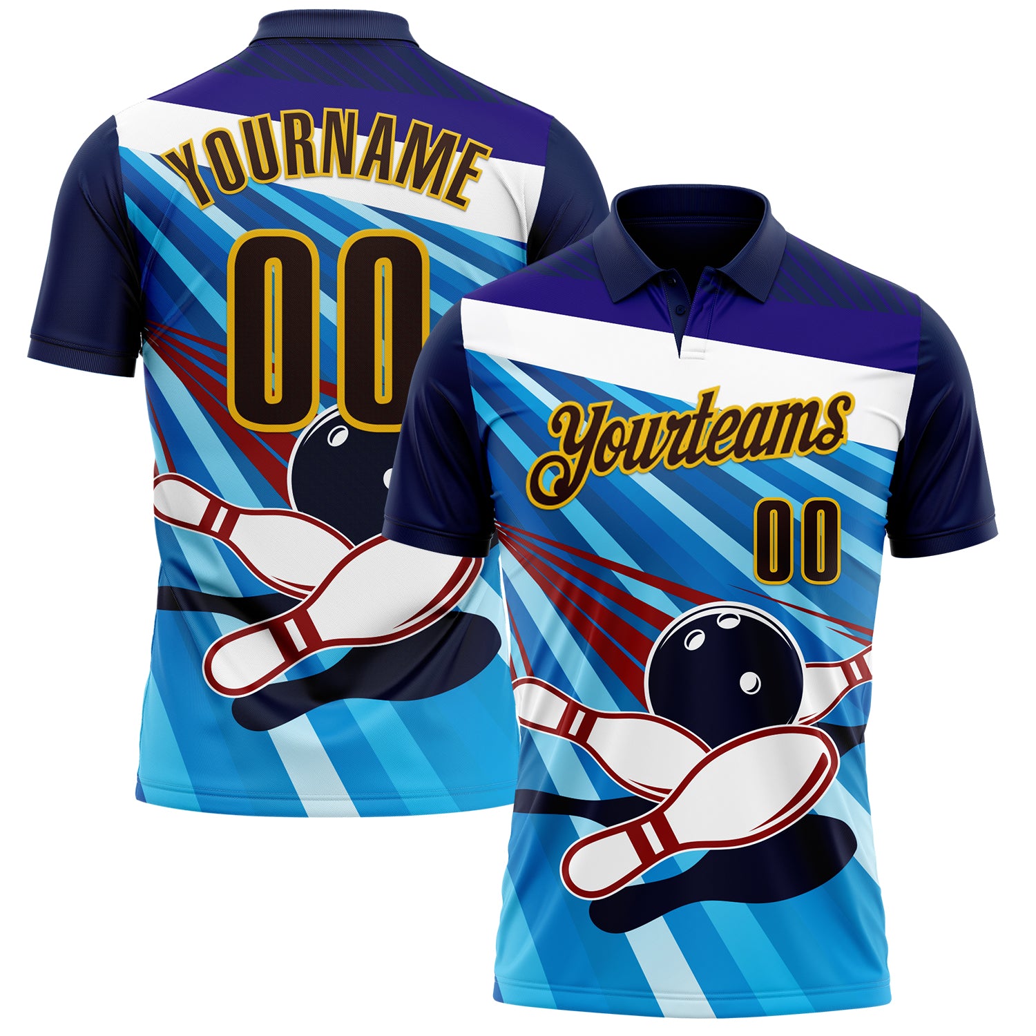 FansIdea Custom Navy Brown Blue-Yellow Bowling Ball And Pins Strike Performance Polo Shirt - $19.99 at Proof Eyewear