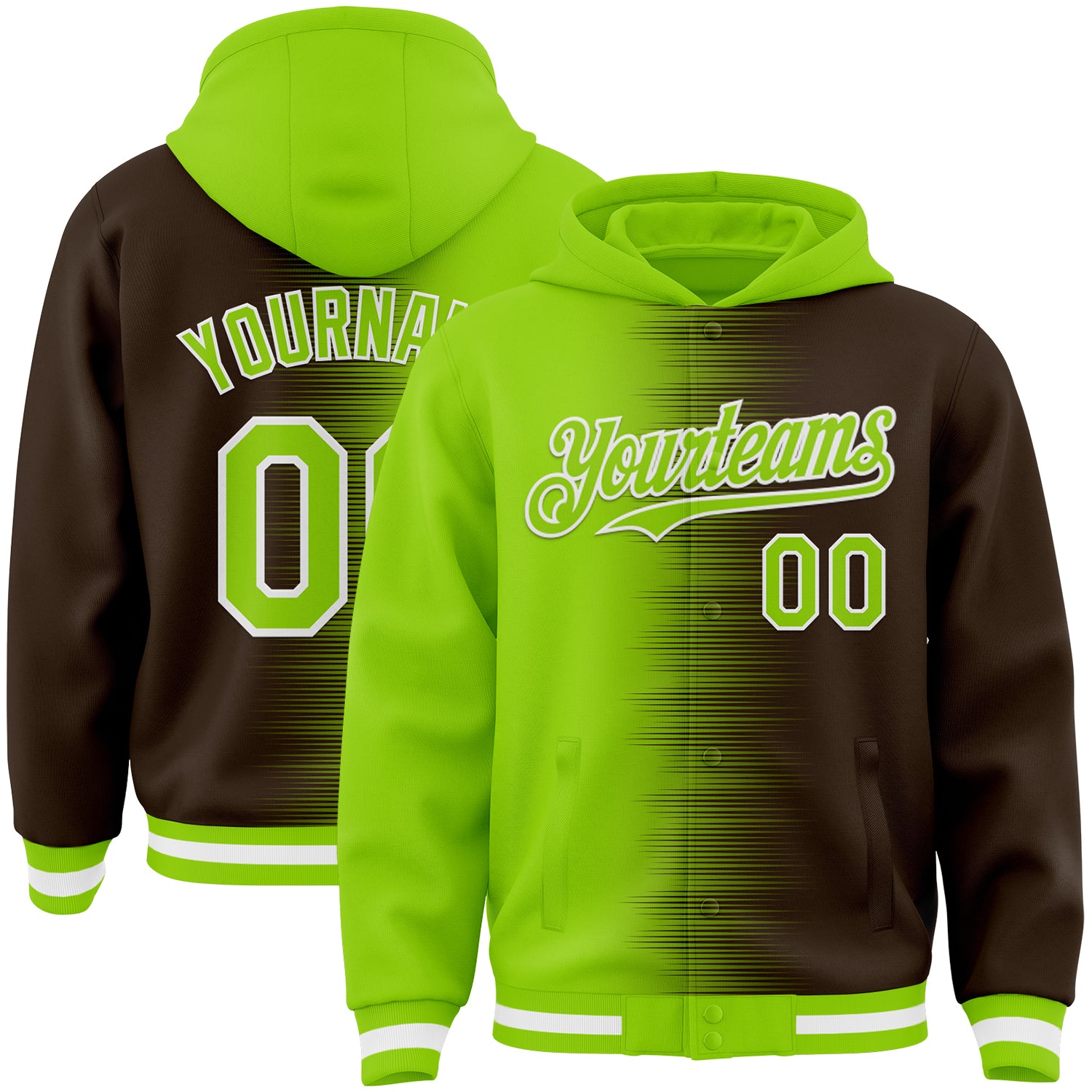 FansIdea Custom Neon Green Brown-White Gradient Line Bomber Full-Snap Varsity Letterman Hoodie Jacket - $38.99 at Proof Eyewear