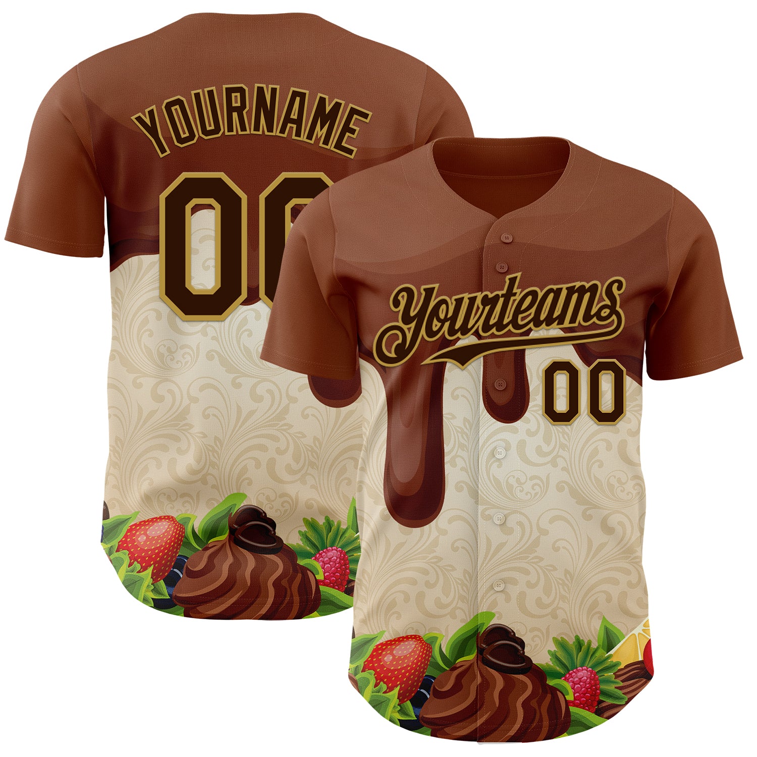 FansIdea Custom Brown Cream-Old Gold Foodie Food Dessert Chocolate Fruit Authentic Baseball Jersey - $29.99 at Proof Eyewear