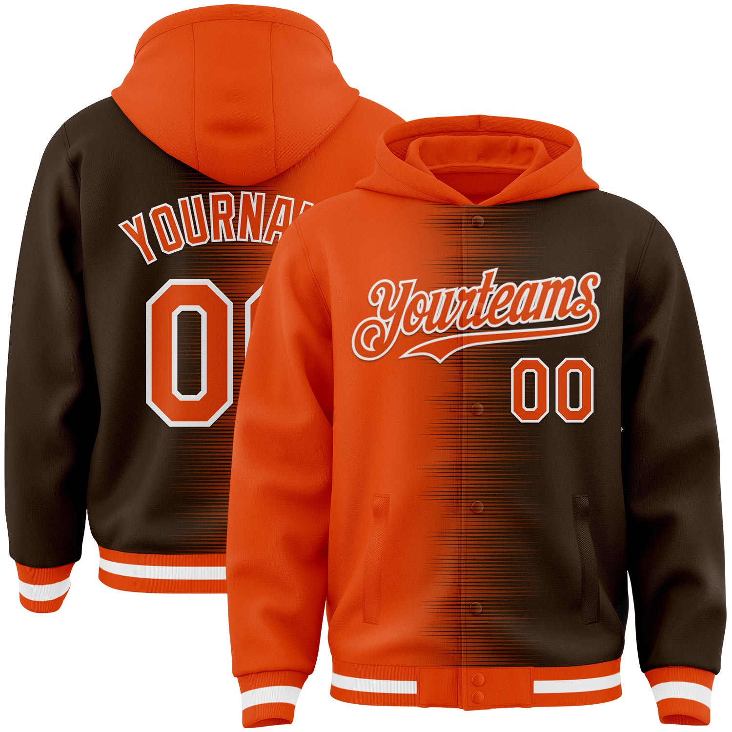 FansIdea Custom Orange Brown-White Gradient Line Bomber Full-Snap Varsity Letterman Hoodie Jacket - $38.99 at Proof Eyewear