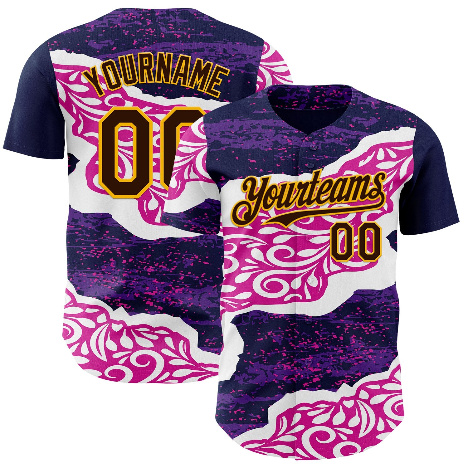 FansIdea Custom Purple Brown Deep Pink-Gold Geometric Patchwork Asymmetry Torn Tropical Floral Authentic Baseball Jersey - $29.99 at Proof Eyewear