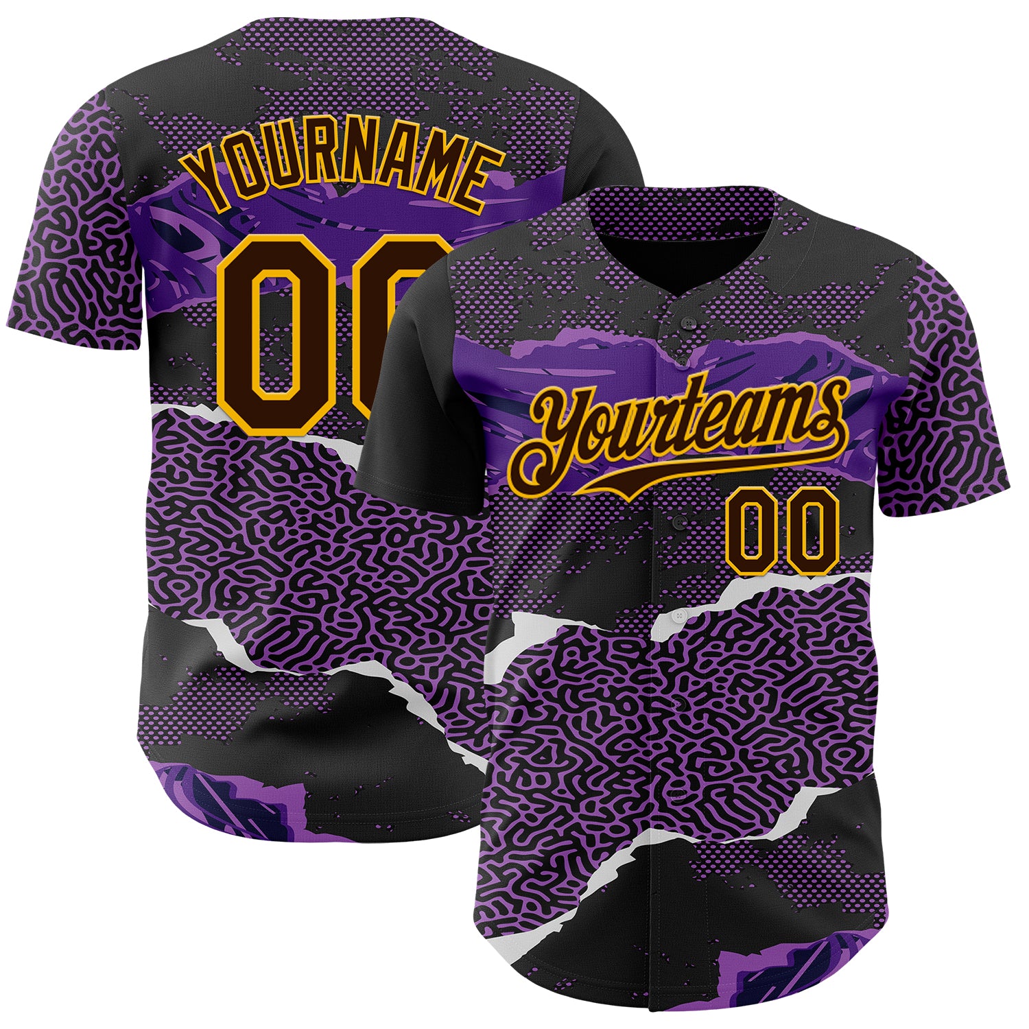 FansIdea Custom Purple Brown Black-Gold Geometric Patchwork Asymmetry Torn Authentic Baseball Jersey - $29.99 at Proof Eyewear