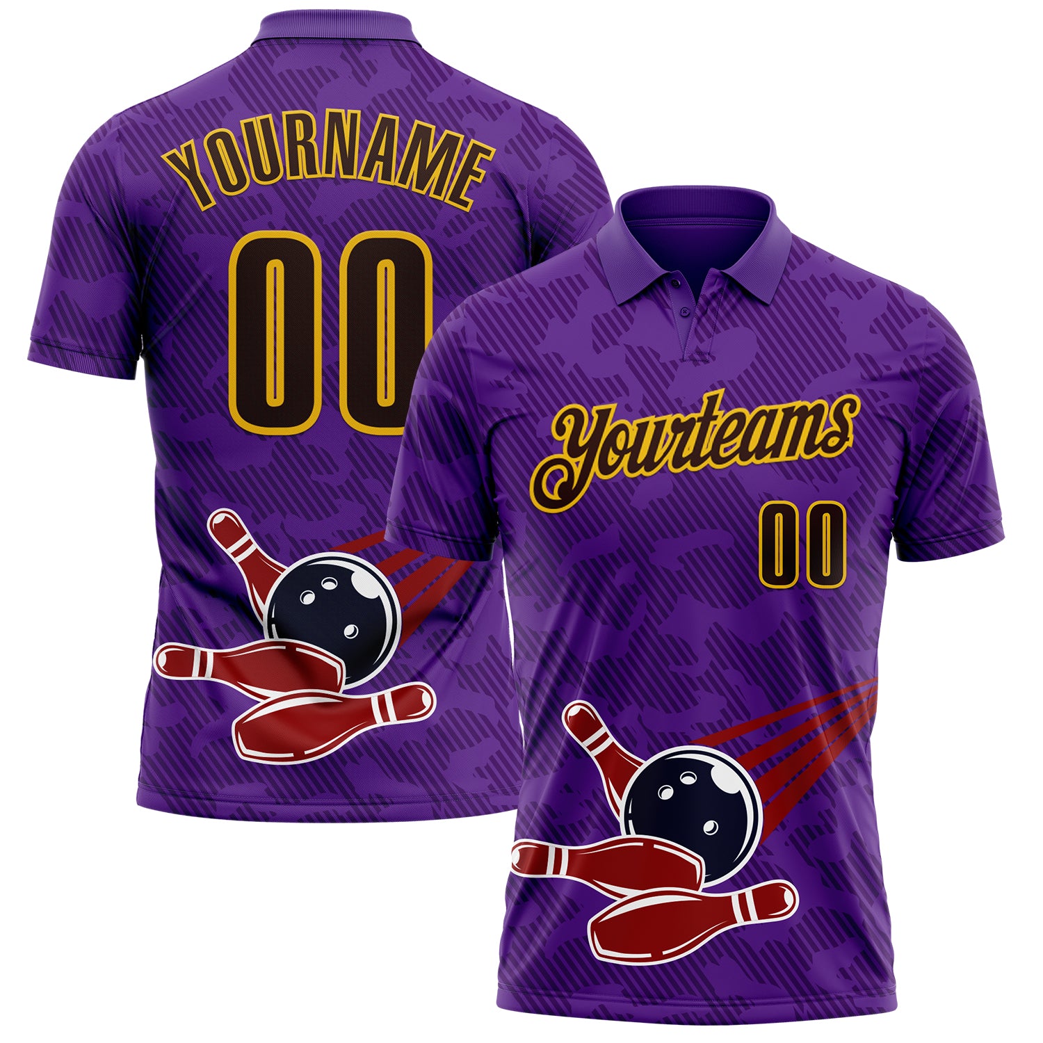 FansIdea Custom Purple Brown-Yellow Bowling Ball And Pins Strike Performance Polo Shirt - $19.99 at Proof Eyewear