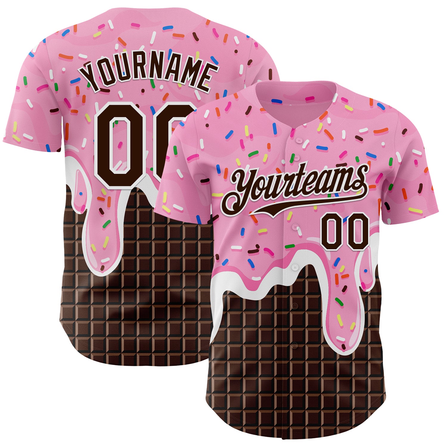 FansIdea Custom Light Pink Brown-White Foodie Food Dessert Melting Cream Chocolate Grid Authentic Baseball Jersey - $29.99 at Proof Eyewear