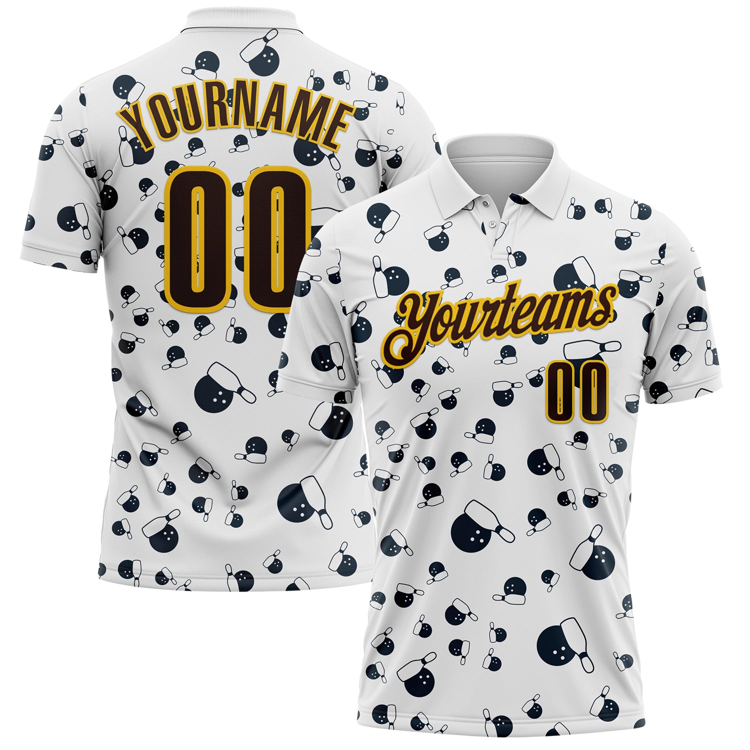 FansIdea Custom White Brown-Yellow Bowling Ball And Pins Strike Performance Polo Shirt - $19.99 at Proof Eyewear