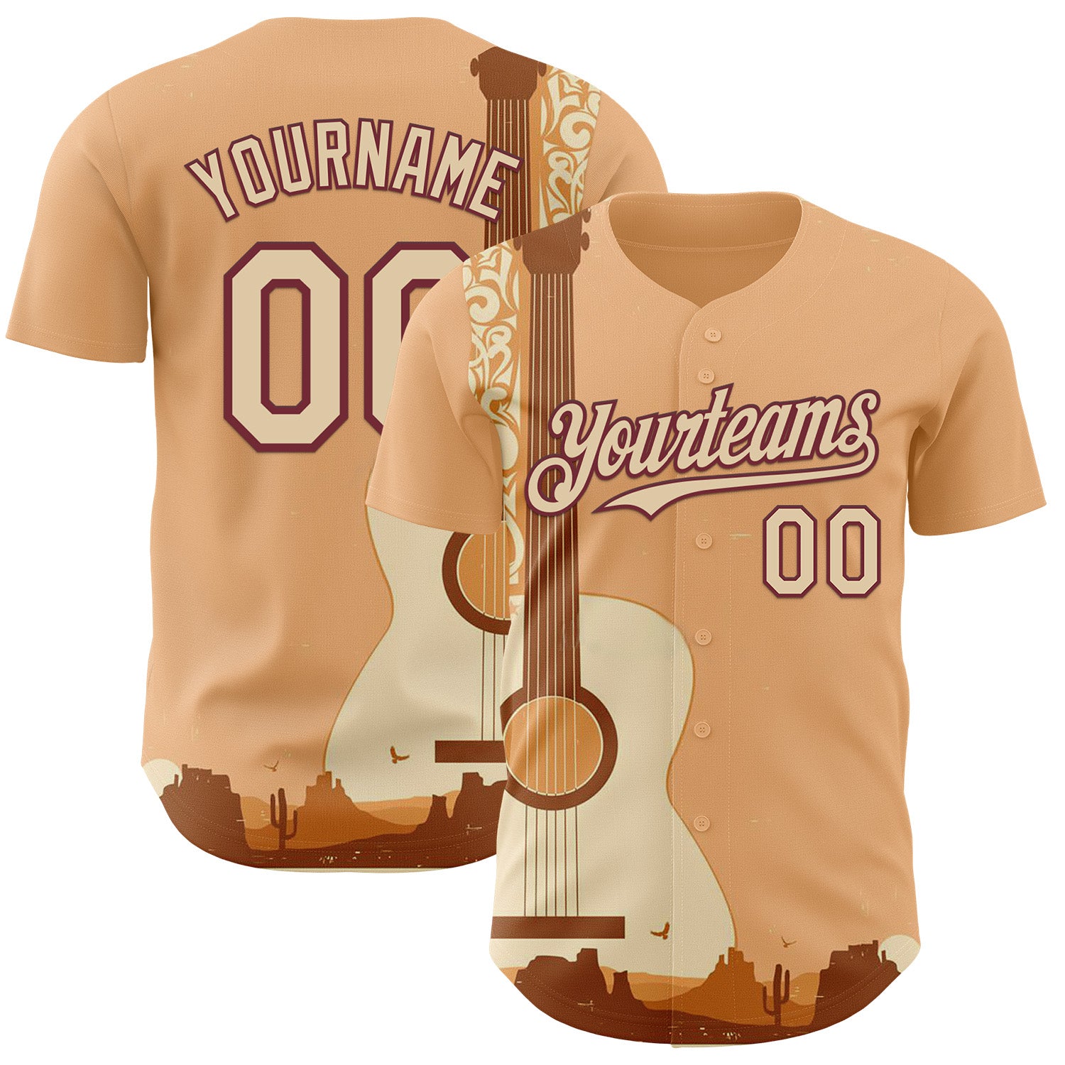 FansIdea Custom City Cream Burgundy Texas Sunset Southwest Landscape Guitar City Edition Authentic Baseball Jersey - $29.99 at Proof Eyewear
