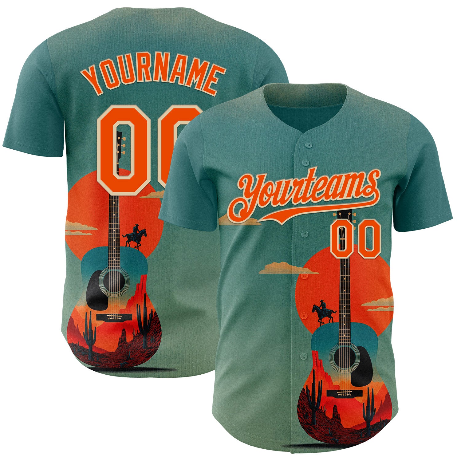 FansIdea Custom Green Orange-City Cream Texas Sunset Southwest Landscape Guitar City Edition Authentic Baseball Jersey - $29.99 at Proof Eyewear
