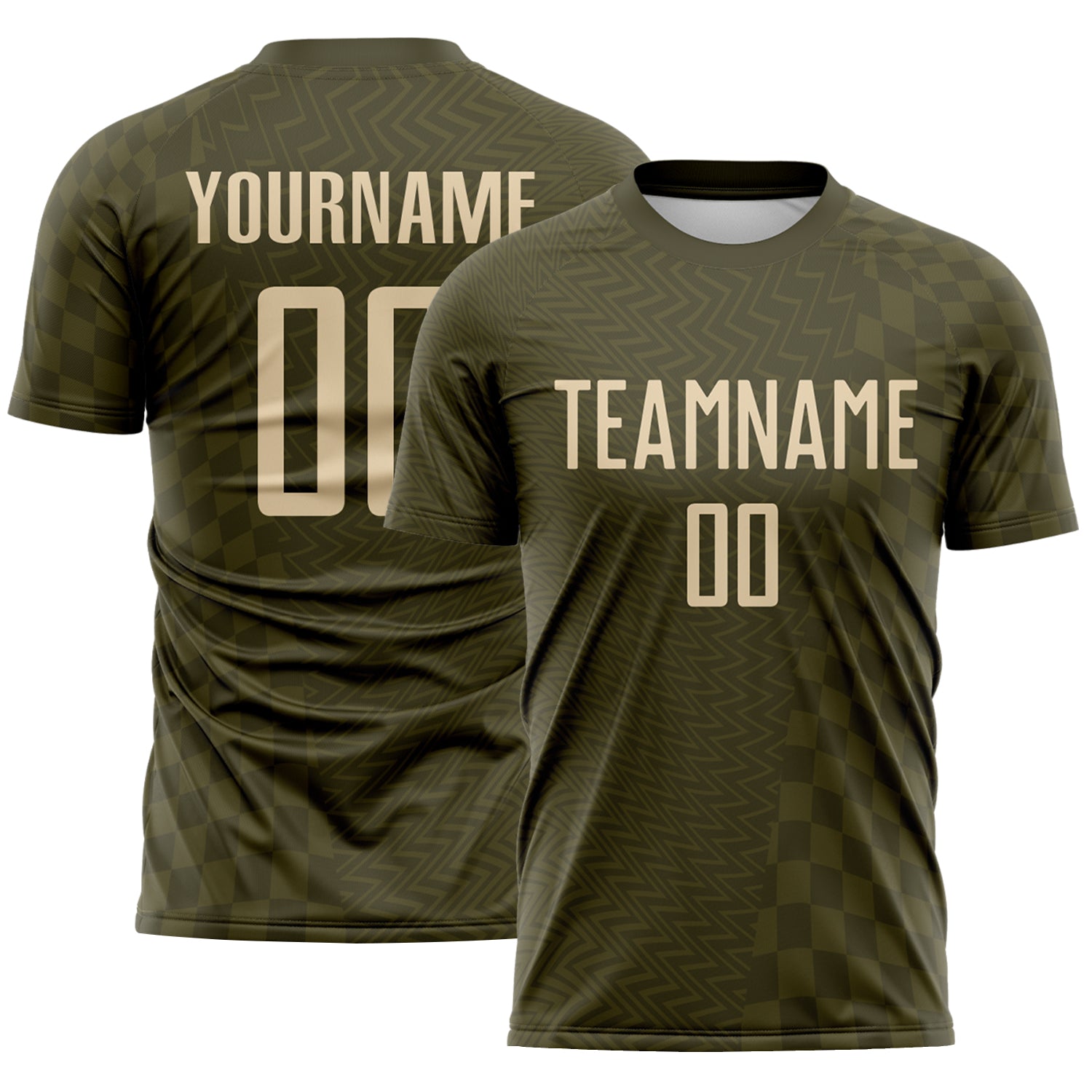 FansIdea Custom Olive-City Cream Geometric Patchwork Asymmetry Checkered Zigzag Lines Sublimation Soccer Uniform Jersey - $16.99 at Proof Eyewear