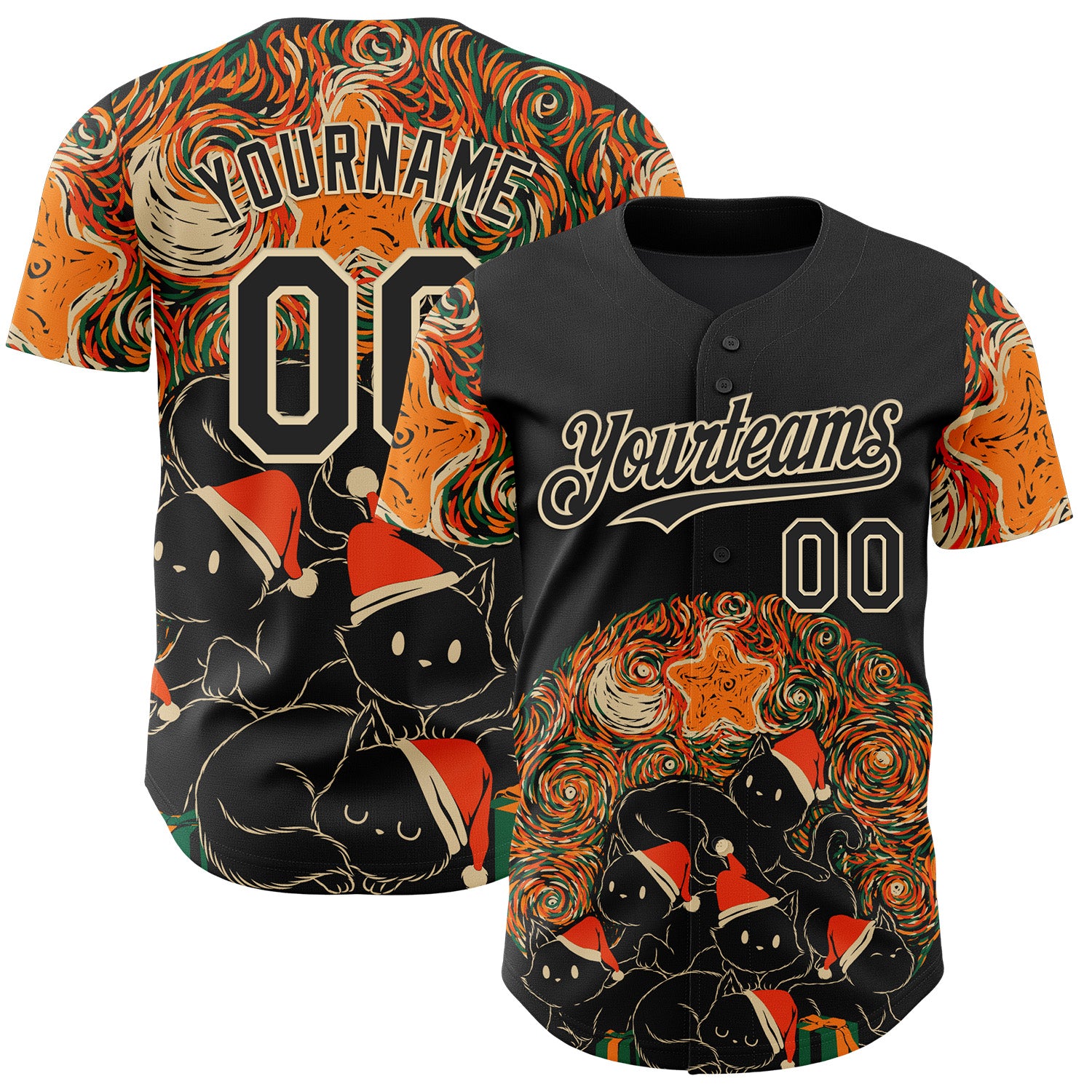 Fansidea-group-collabs Custom Black Black-Cream 3D Tobe Fonseca Starry Night Cat Xmas Tree Authentic Baseball Jersey - $34.99 at Proof Eyewear