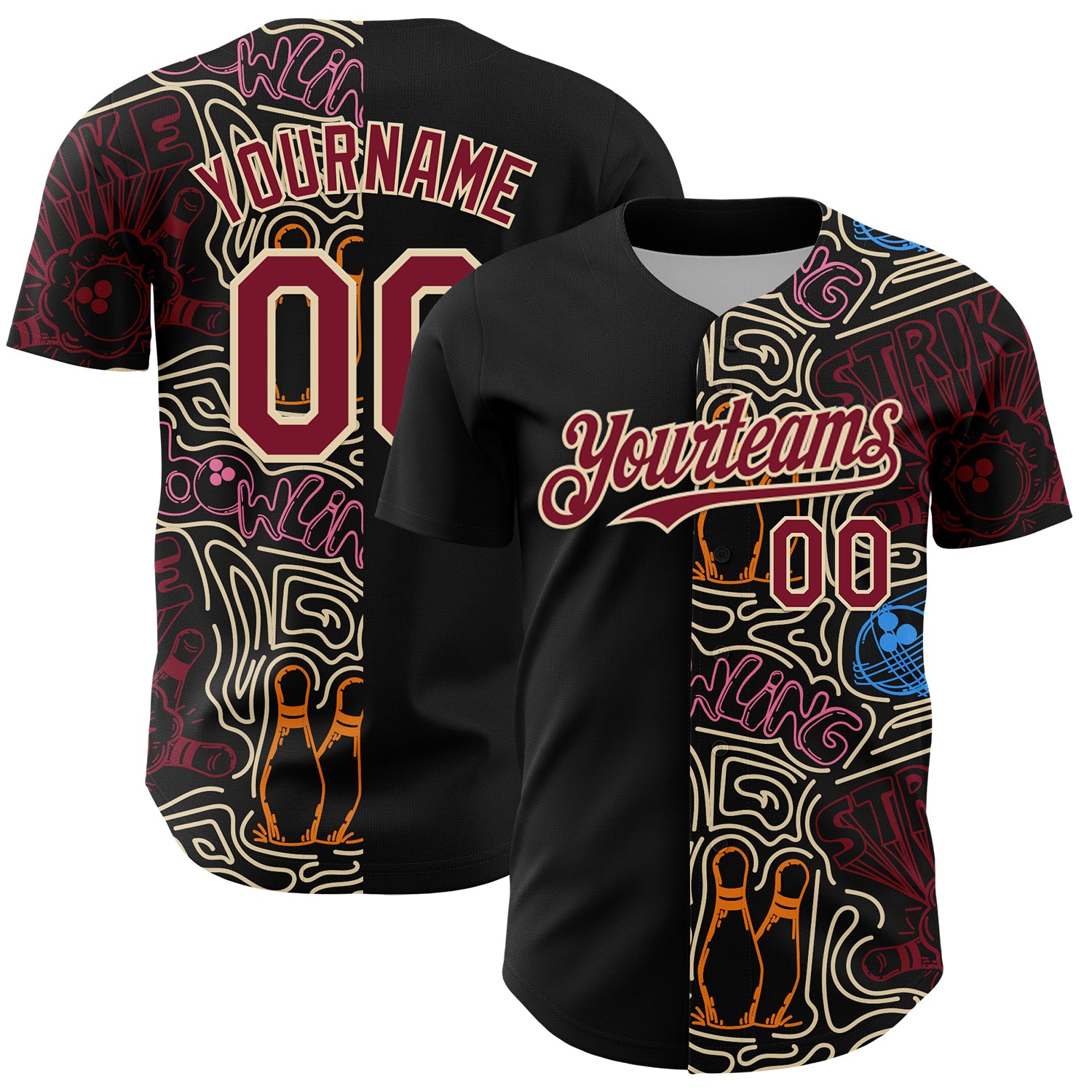 FansIdea Custom Black Crimson-Cream Bowling Doodle Split Authentic Baseball Jersey - $29.99 at Proof Eyewear