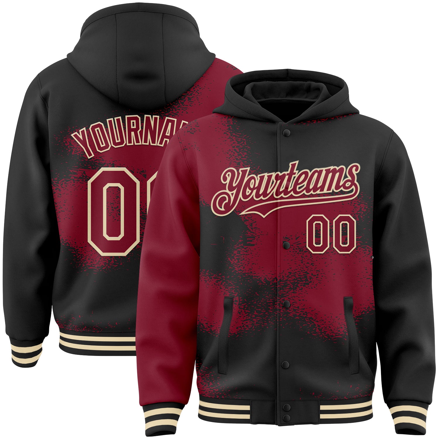 FansIdea Custom Black Crimson-Cream Abstract Color Blocks Fragment Pattern Bomber Full-Snap Varsity Letterman Hoodie Jacket - $38.99 at Proof Eyewear