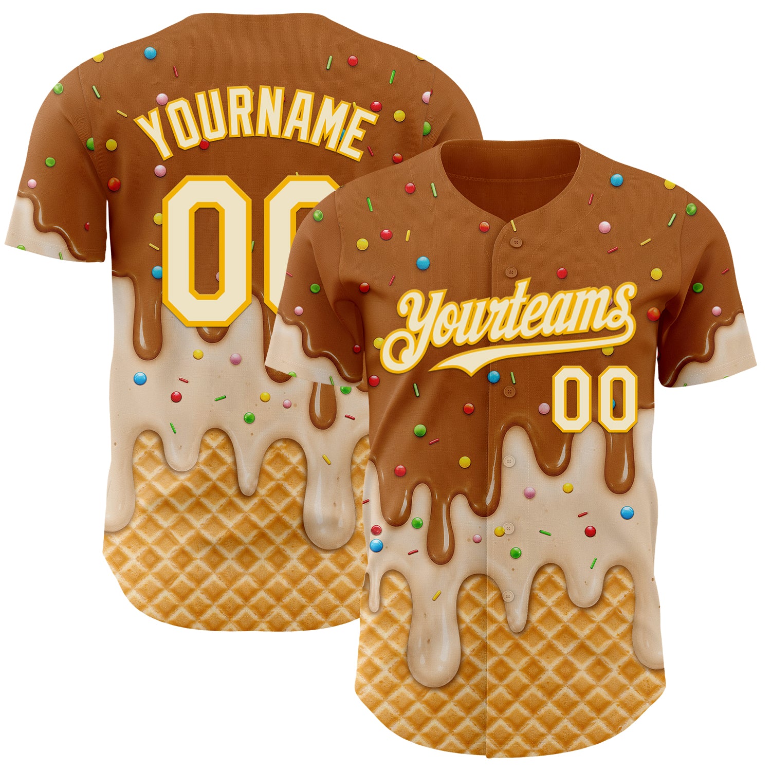 FansIdea Custom Chocolate Brown Cream-Gold Ice Cream Waffle Foodie Dessert Authentic Baseball Jersey - $29.99 at Proof Eyewear
