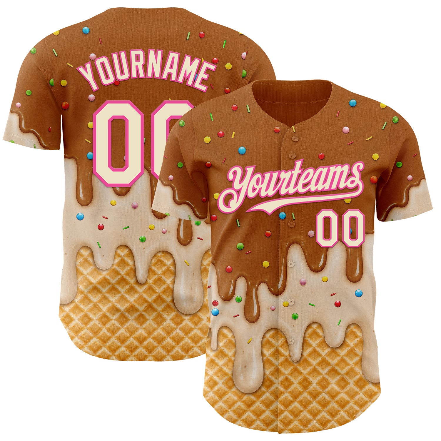 FansIdea Custom Chocolate Brown Cream-Pink Ice Cream Waffle Foodie Dessert Authentic Baseball Jersey - $29.99 at Proof Eyewear