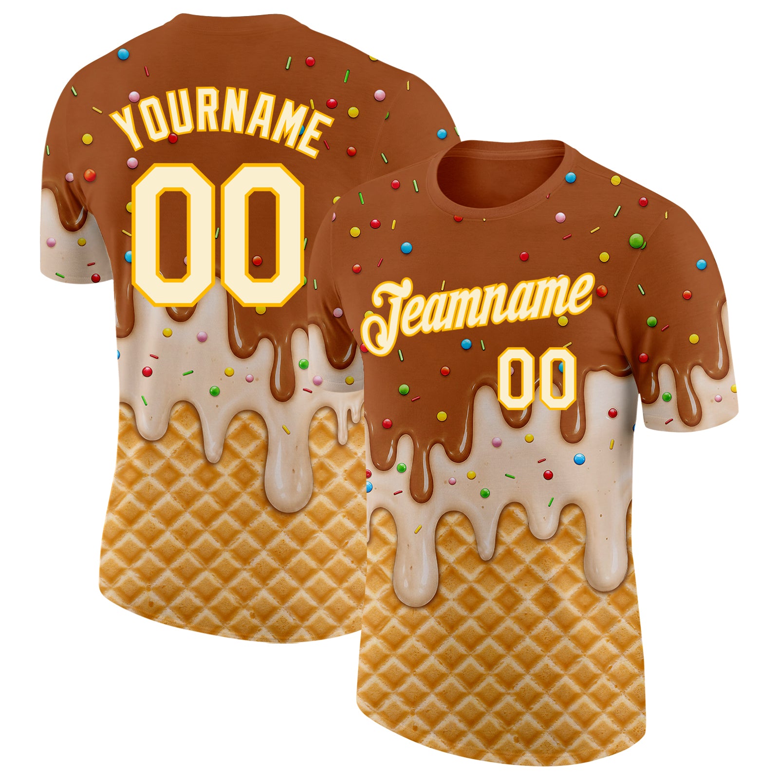 FansIdea Custom Chocolate Brown Cream-Gold Ice Cream Waffle Foodie Dessert Performance T-Shirt - $14.99 at Proof Eyewear