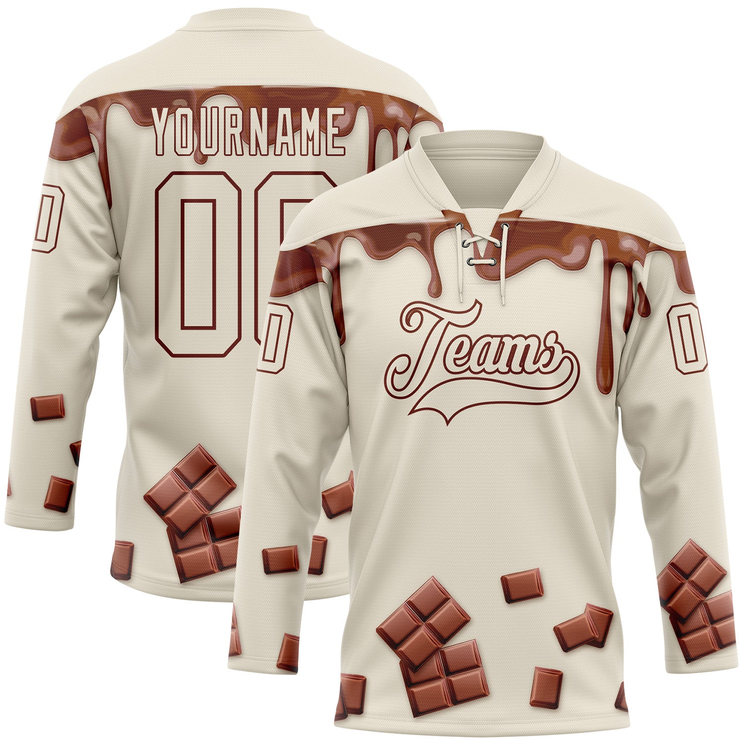 FansIdea Custom Cream Brown-White Melting Foodie Chocolate Lace Neck Hockey Jersey - $29.99 at Proof Eyewear