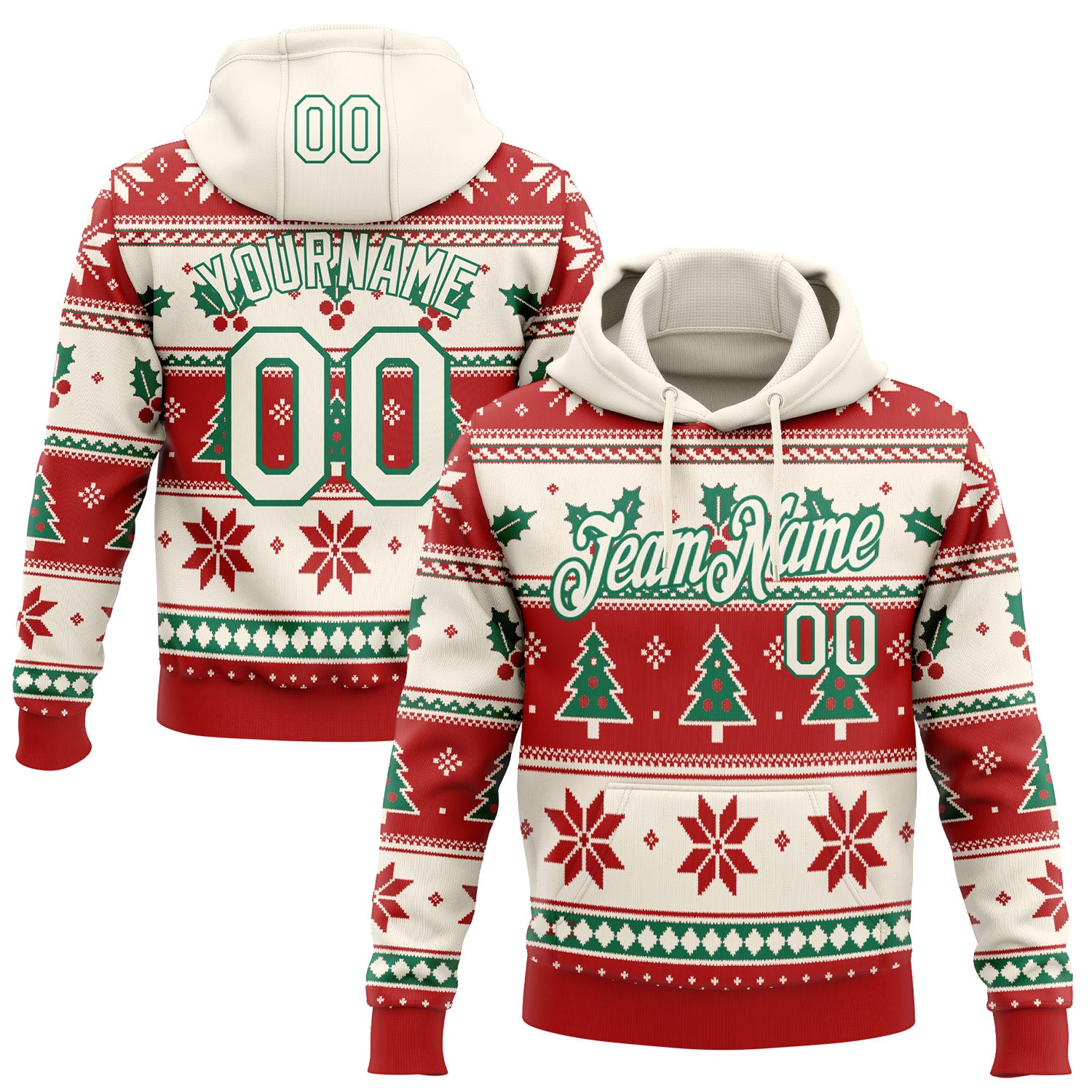 FansIdea Custom Cream Red-Kelly Green Christmas Tree Pullover Sweatshirt Hoodie - $32.99 at Proof Eyewear